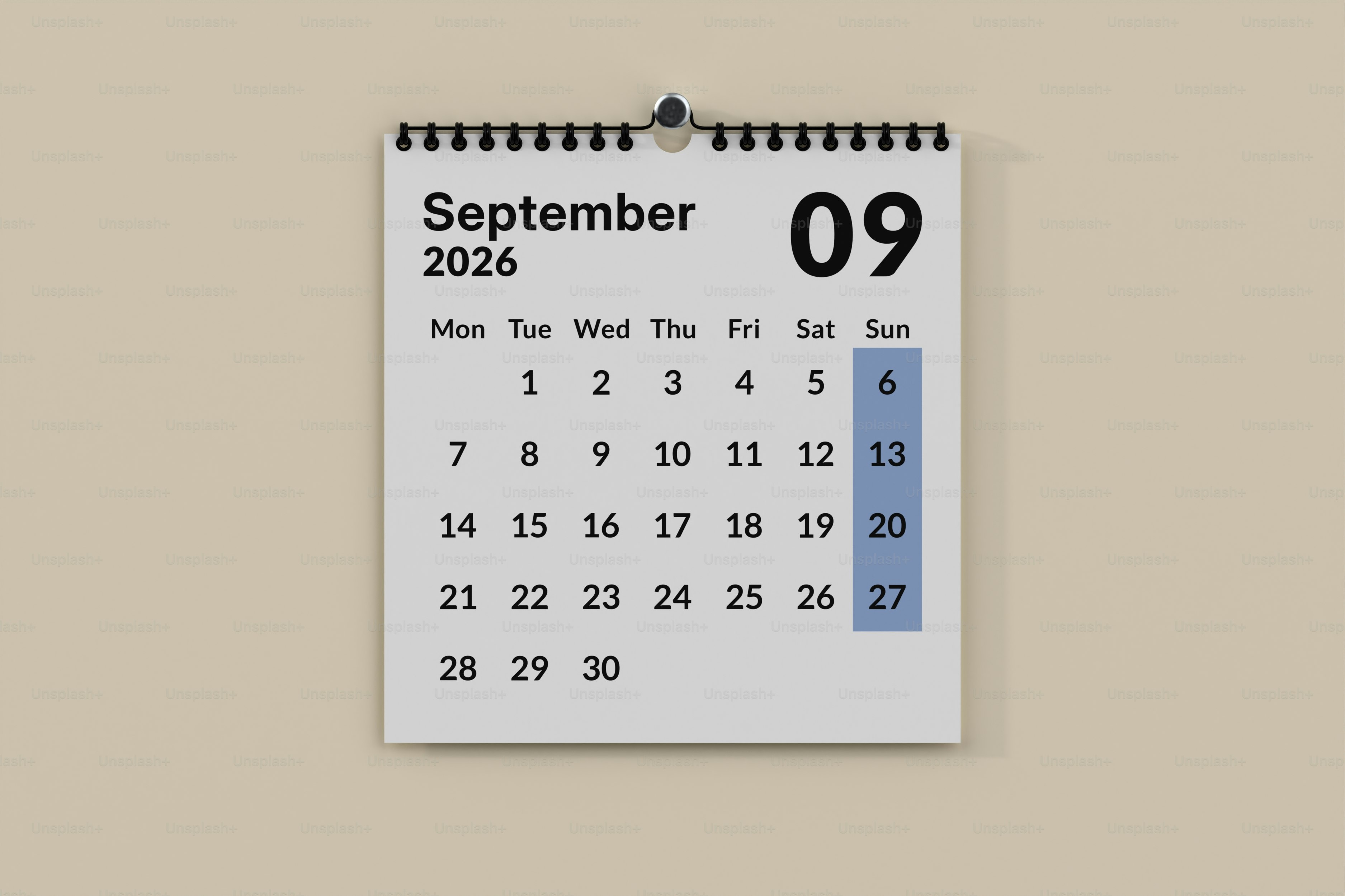 September 2026 calendar page with days highlighted photo – Wall Image ...