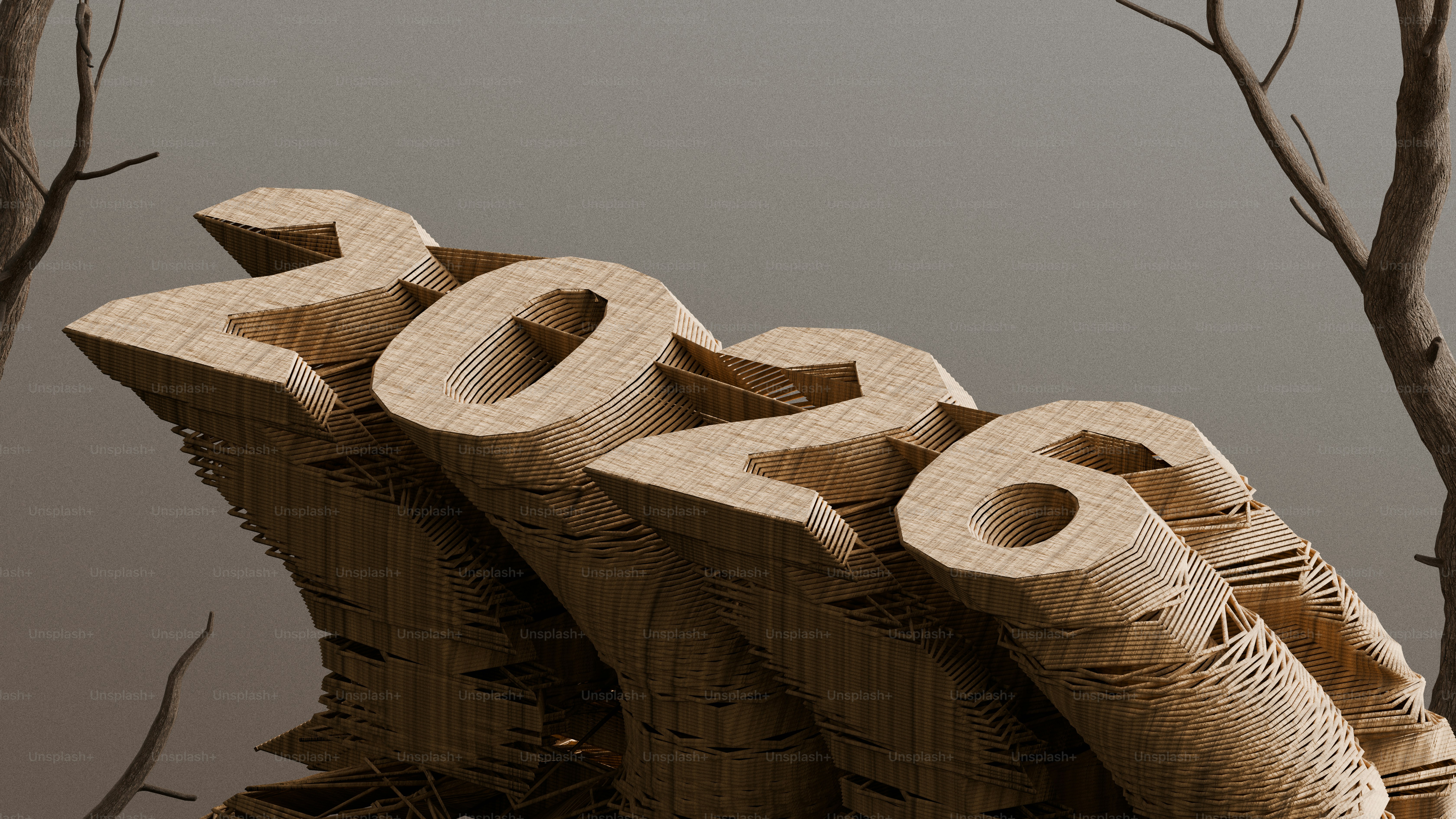 Numéros en bois 2026 avec branches d’arbres nues