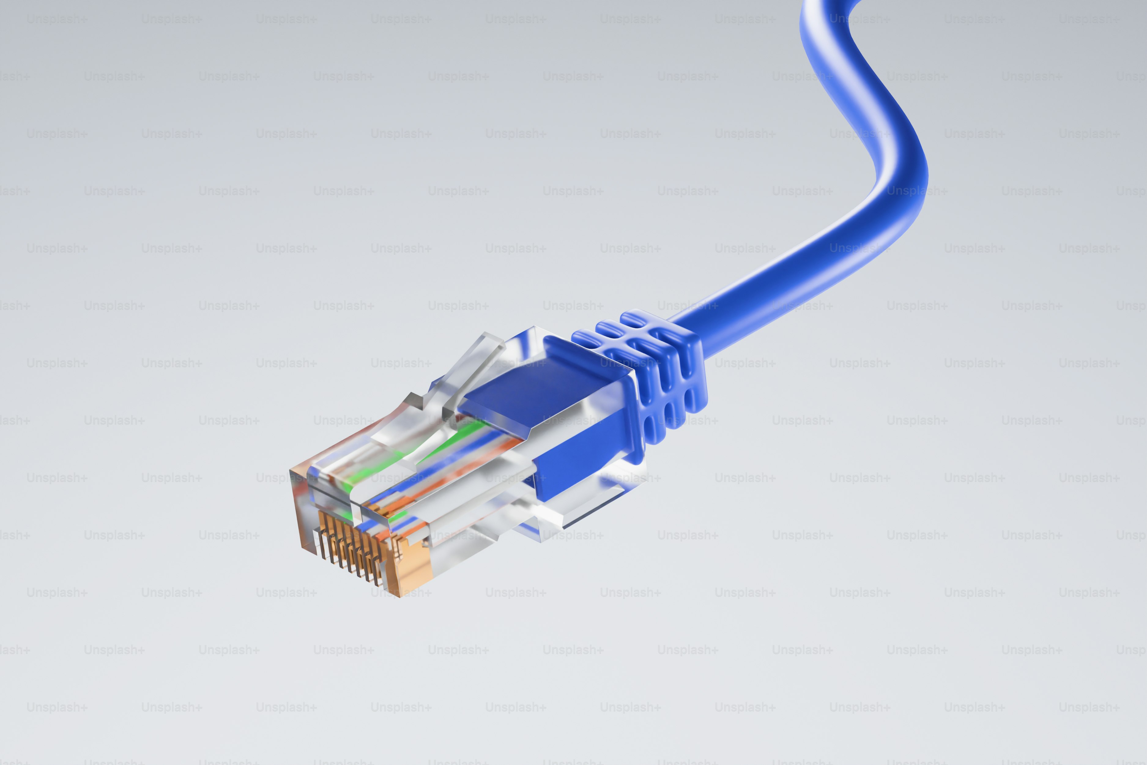 A blue ethernet cable with a clear connector
