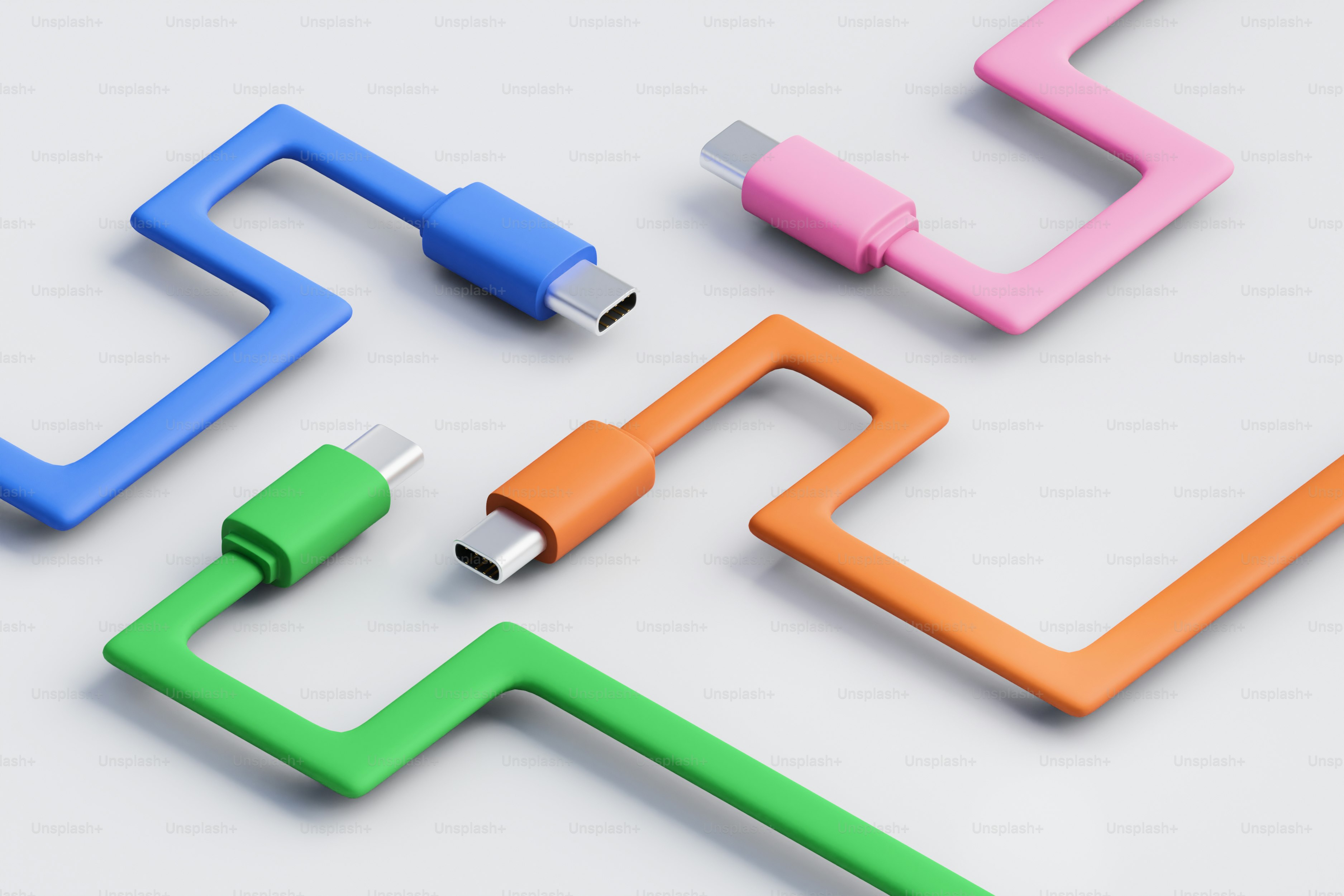 Câbles usb-c colorés disposés en zigzag