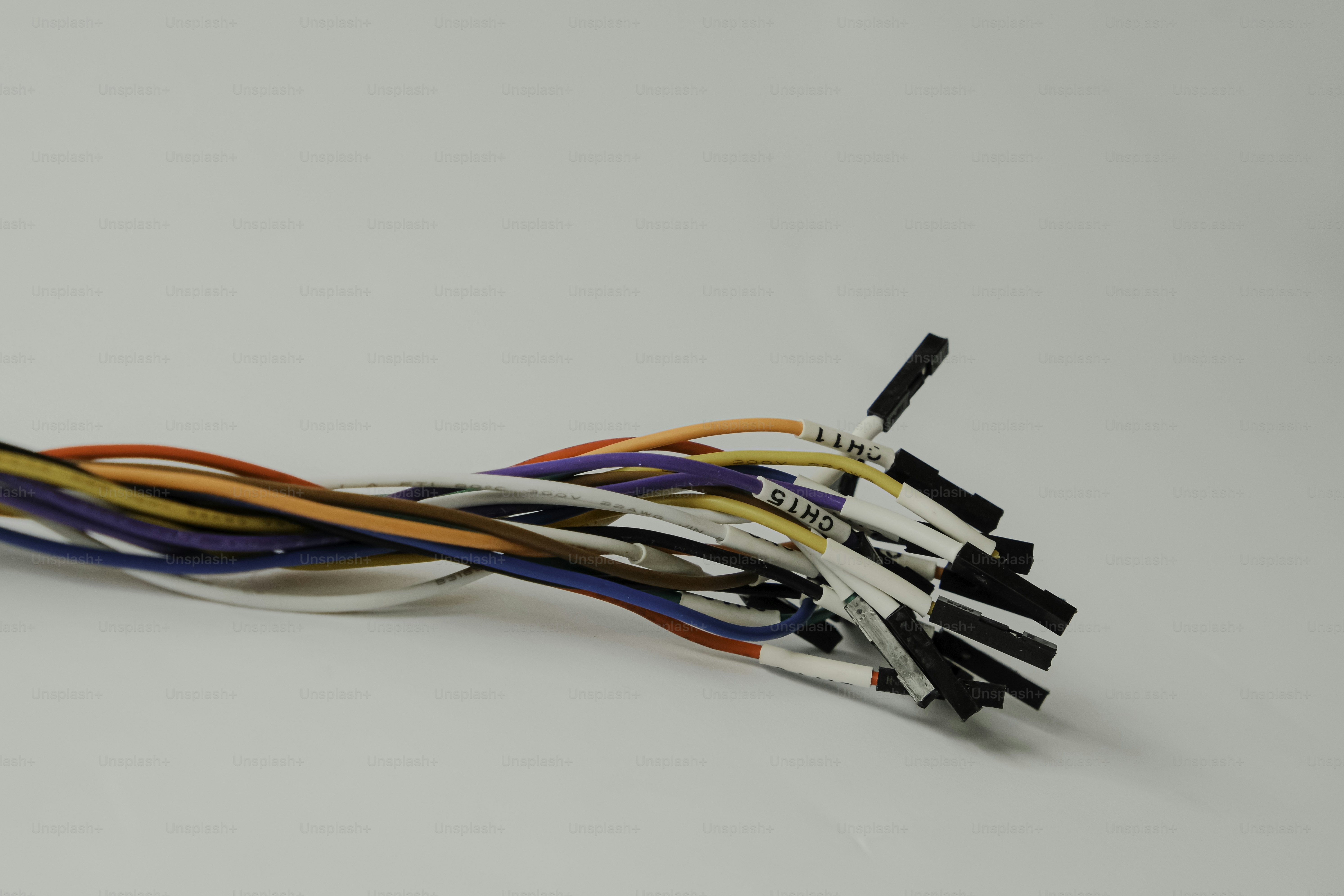 Bundle of colorful electronic wires with connectors