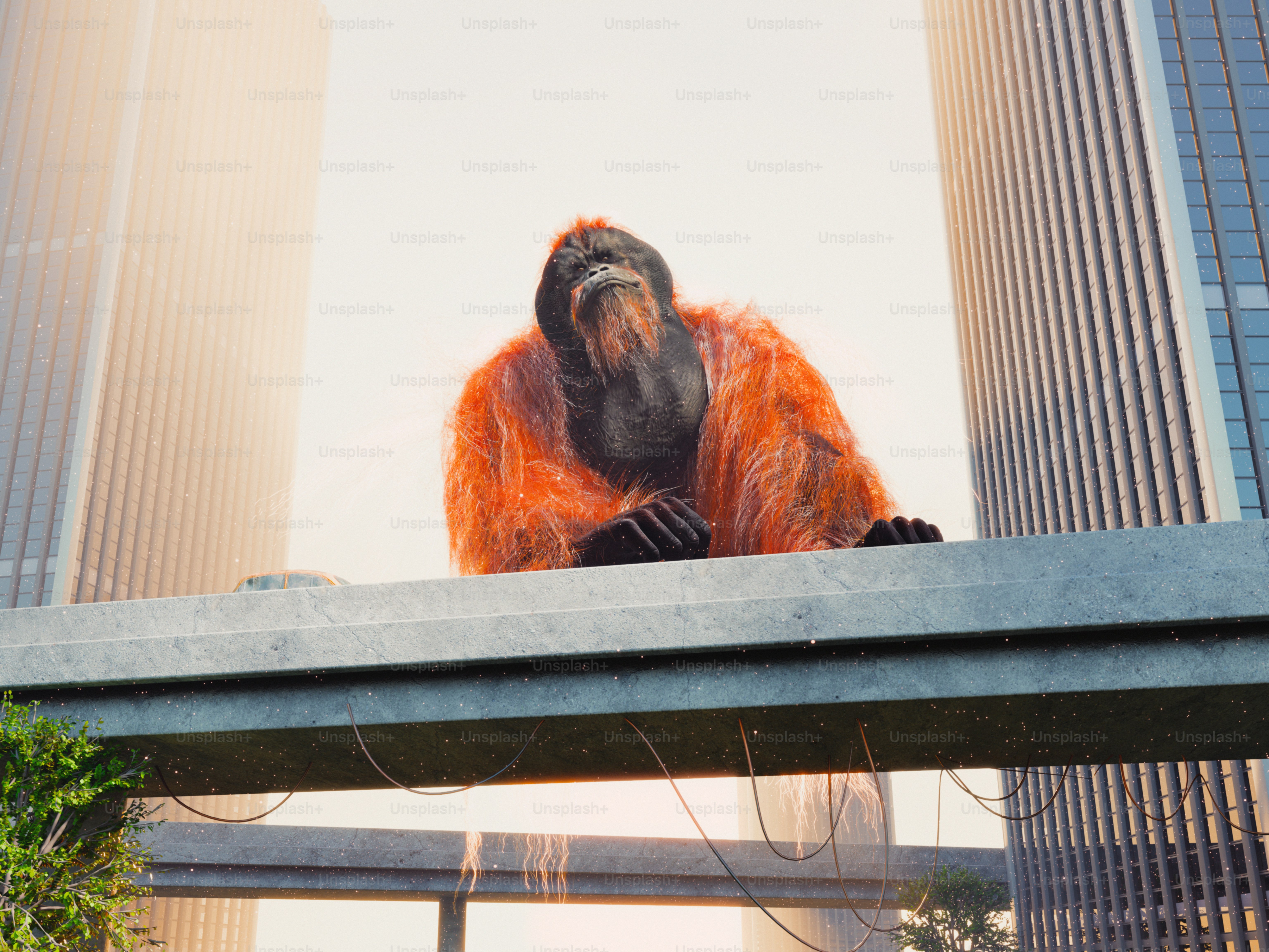 Giant ape on a bridge between skyscrapers