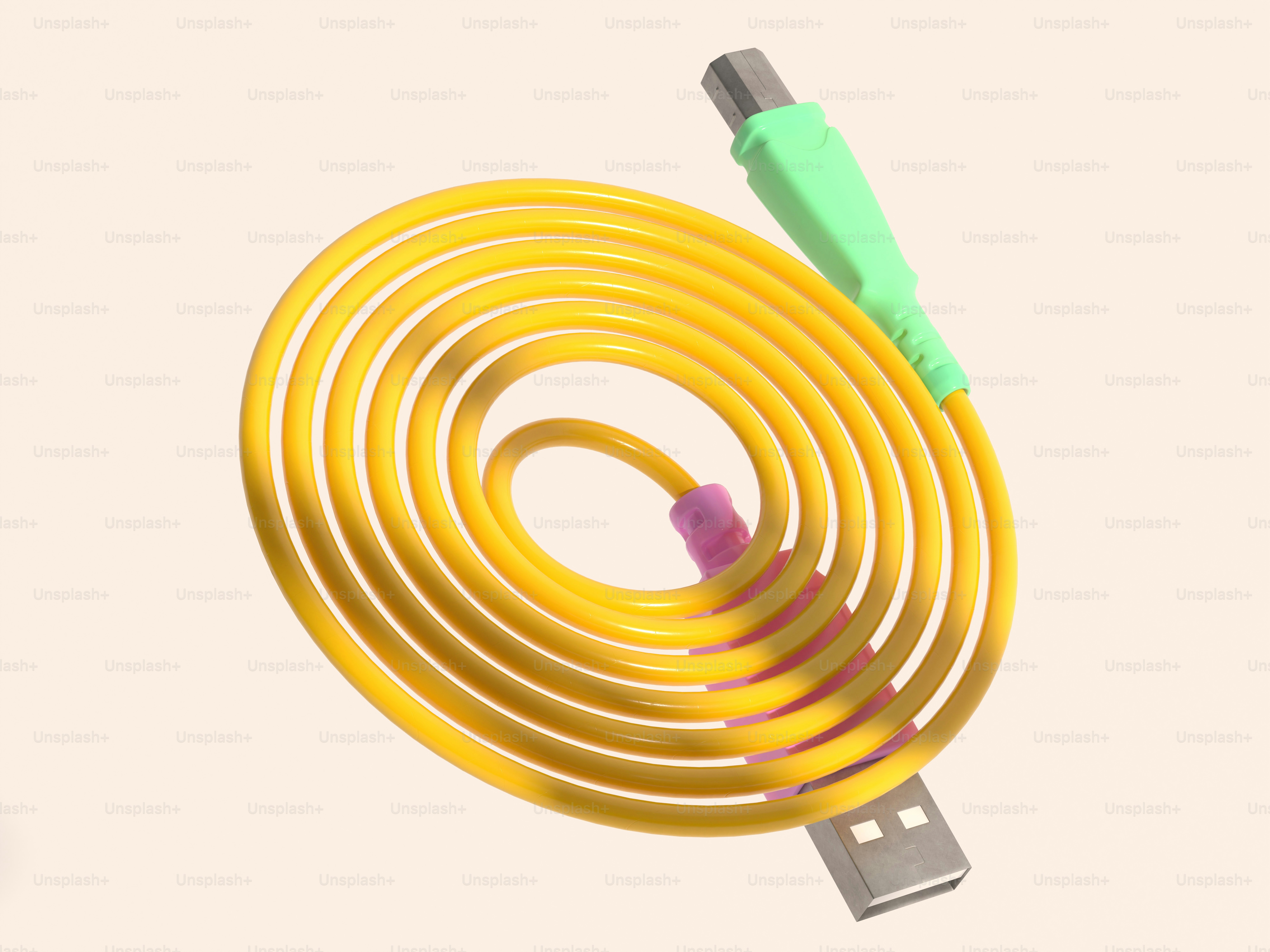 Um cabo USB amarelo enrolado com conector verde