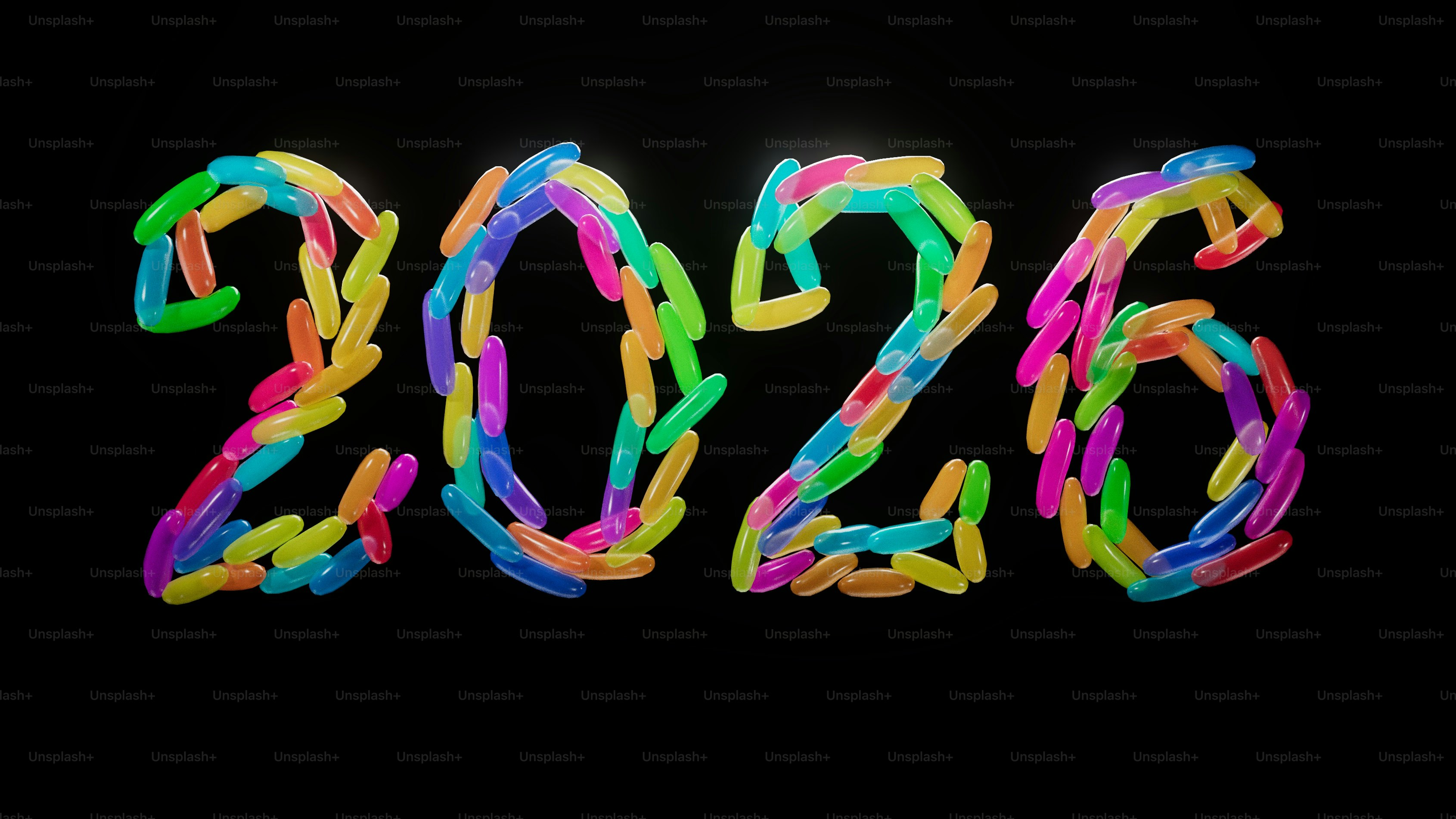 Bunte Zahlen 2026 auf schwarzem Hintergrund