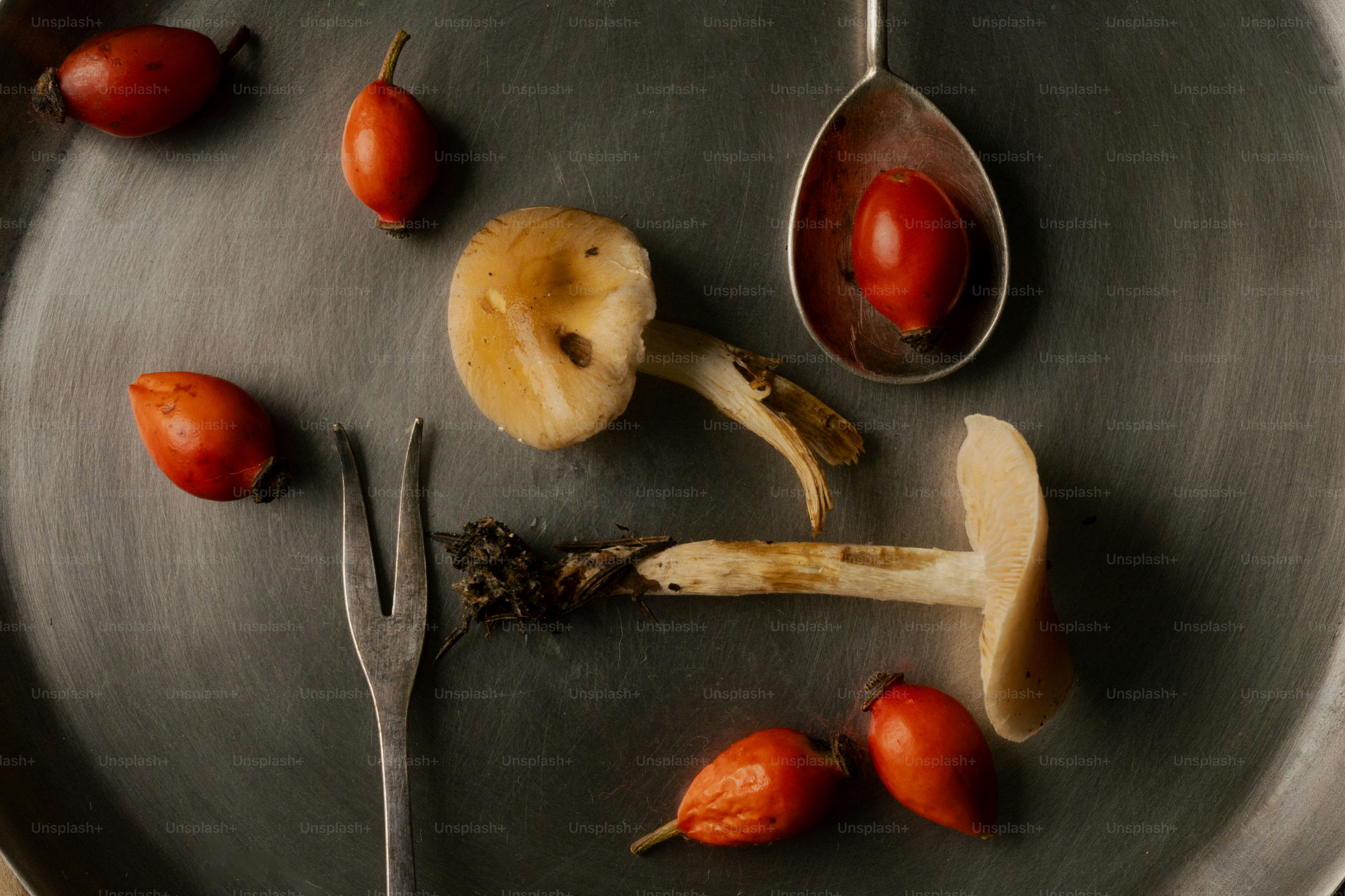 Mushrooms and rosehips on a dark plate