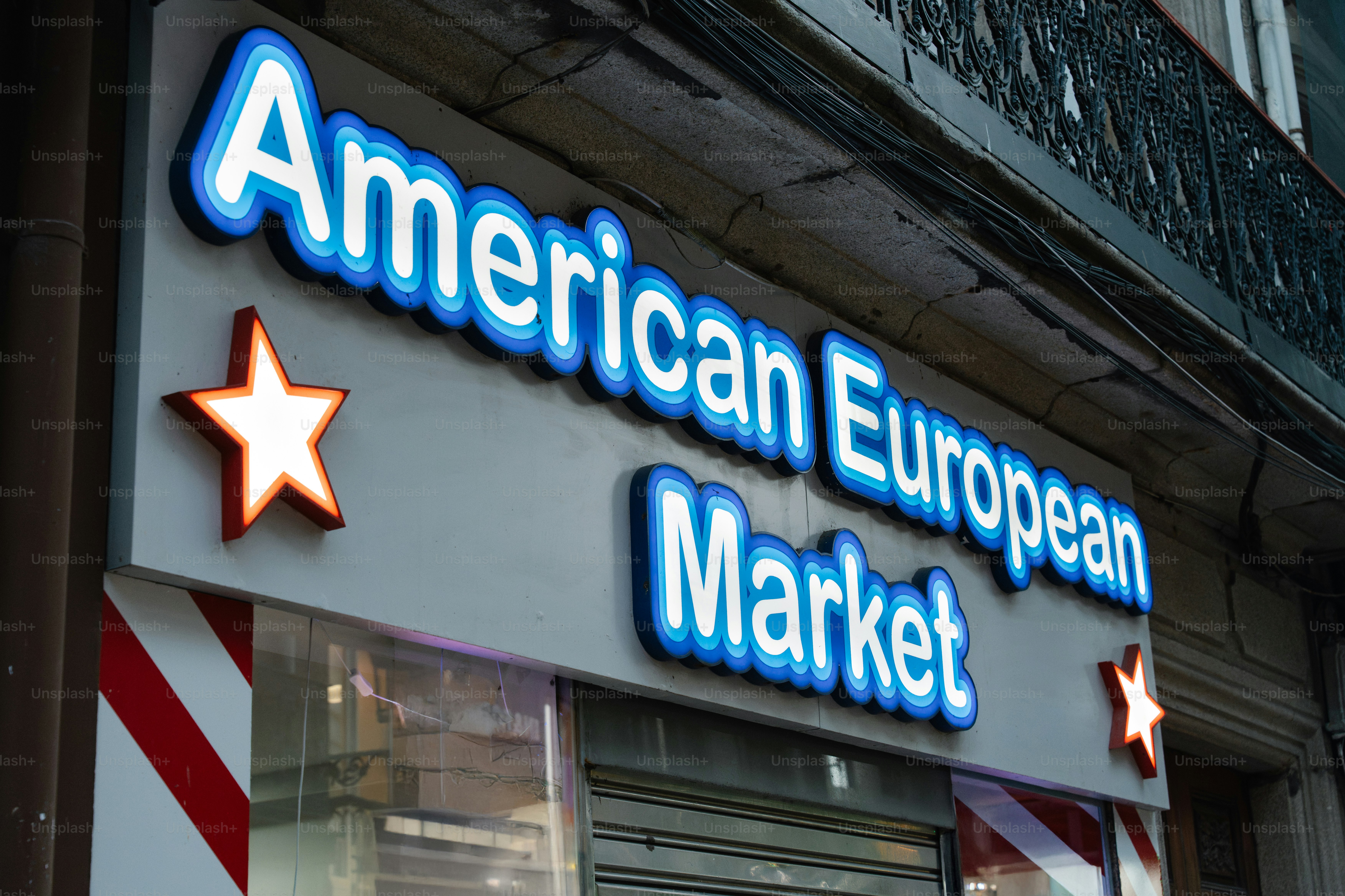American european market sign with stars