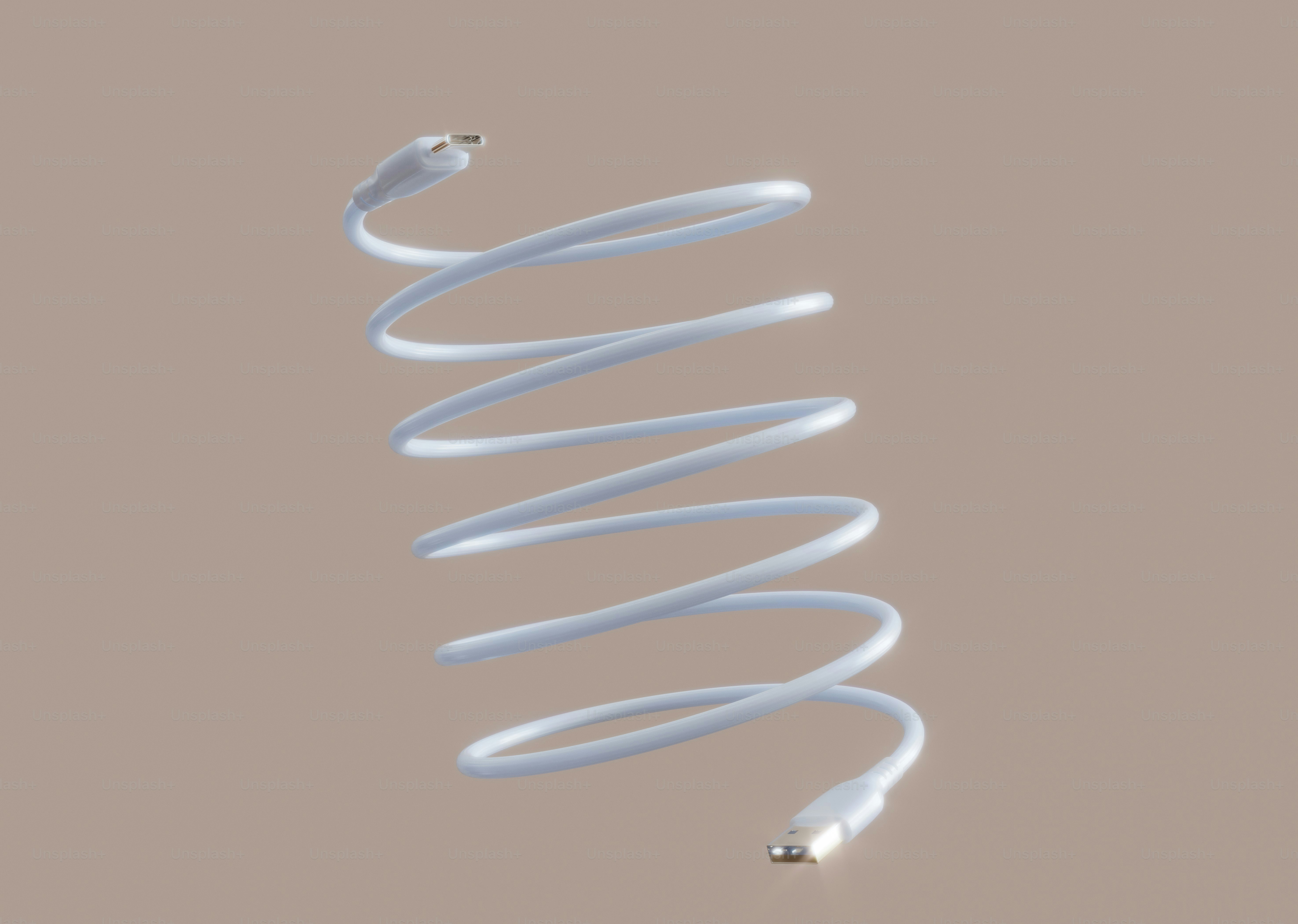 White coiled cable with connectors on both ends