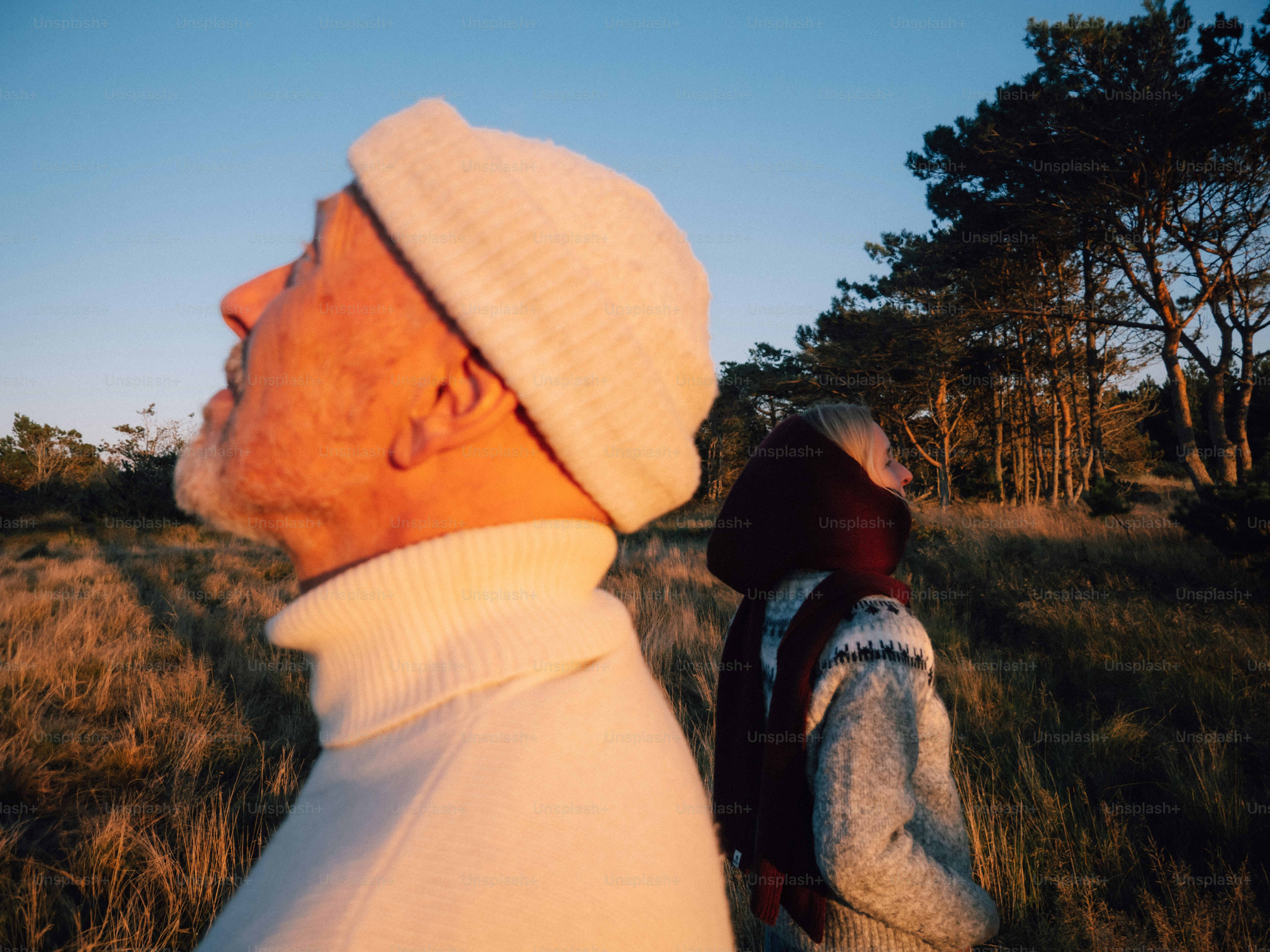 Two people walking through a field at sunset photo – Sunset Image on ...