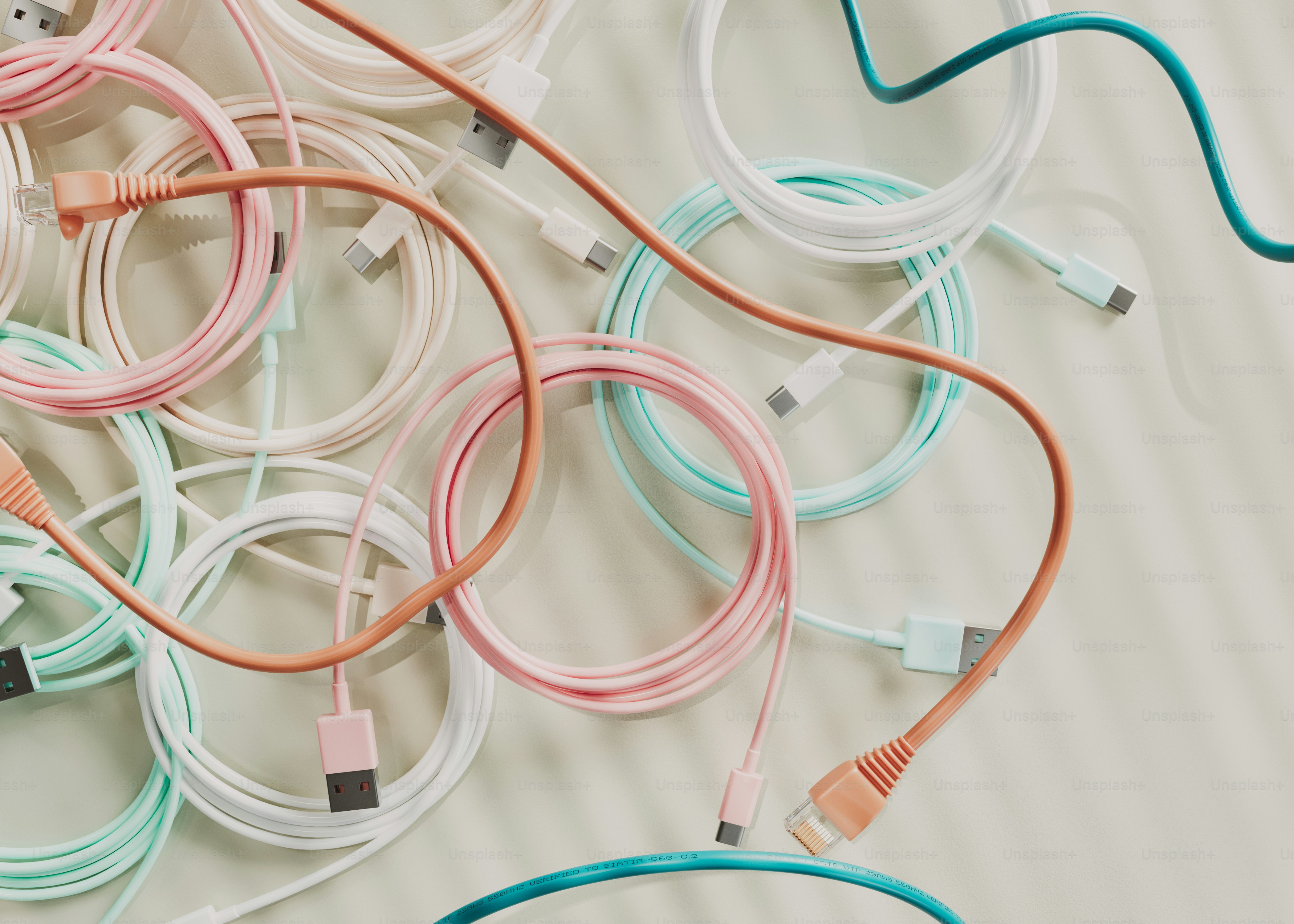 A pile of colorful charging cables and cords