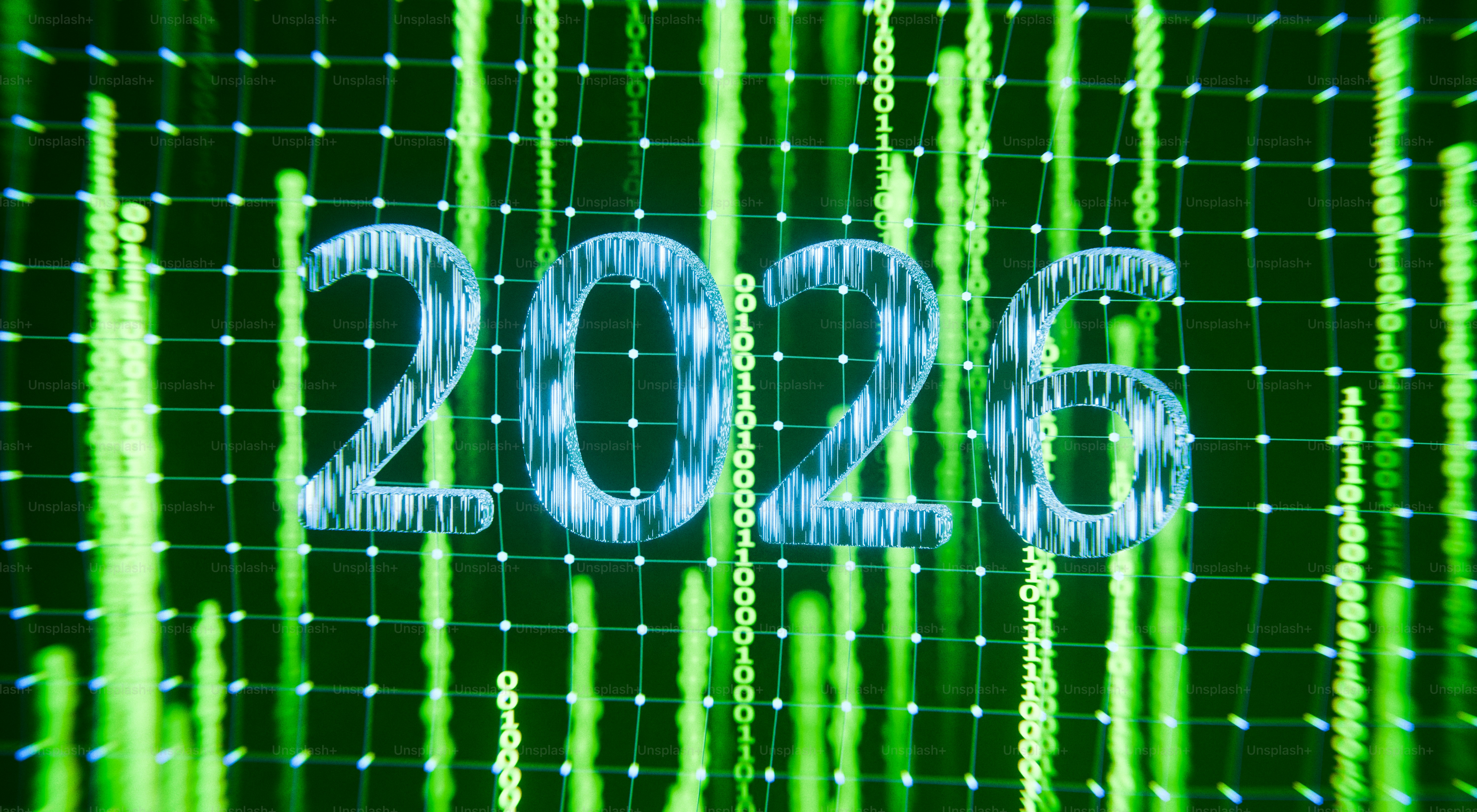 The year 2026 displayed on a green digital grid.