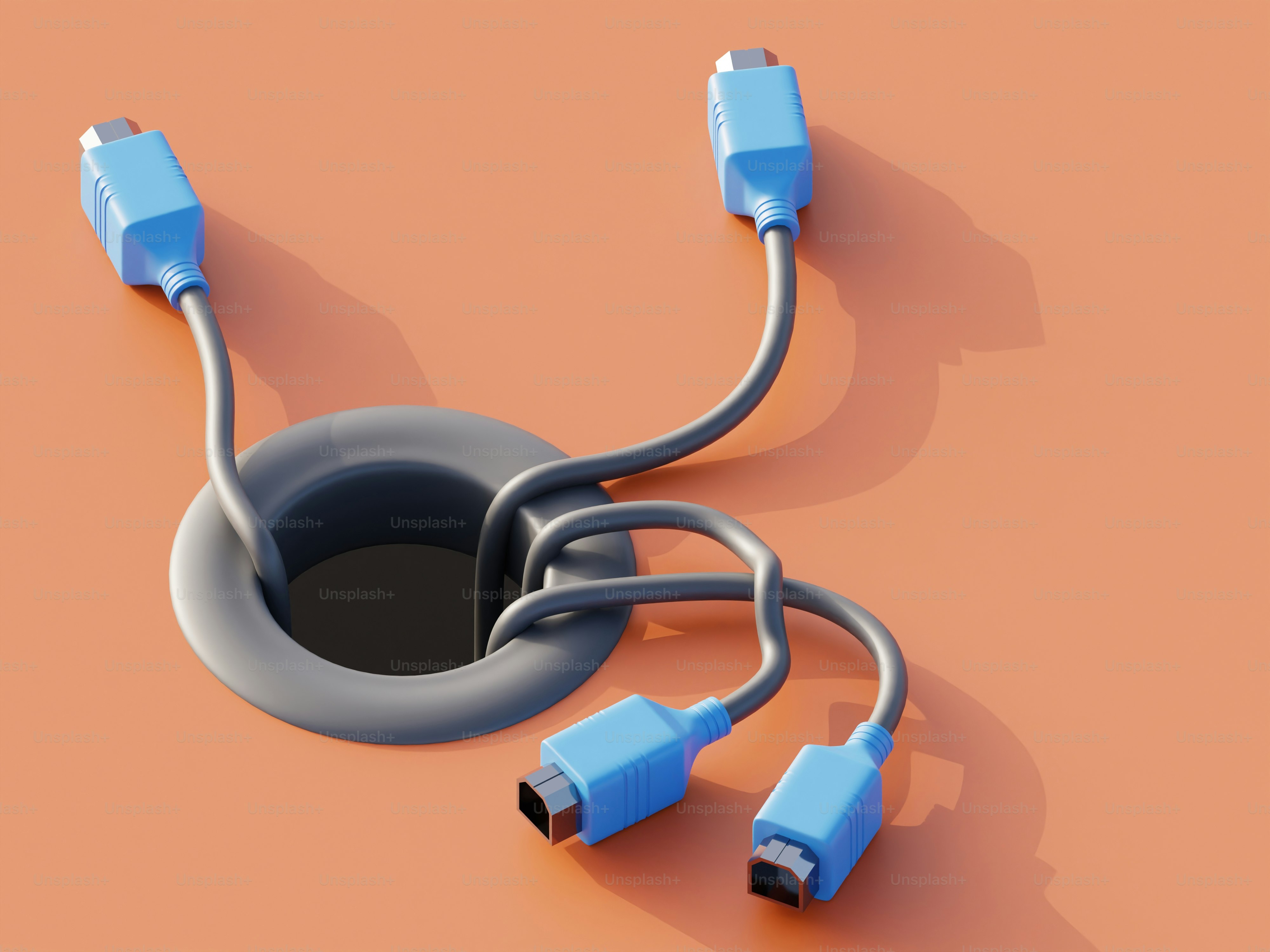 Four blue hdmi cables plugged into a hole.