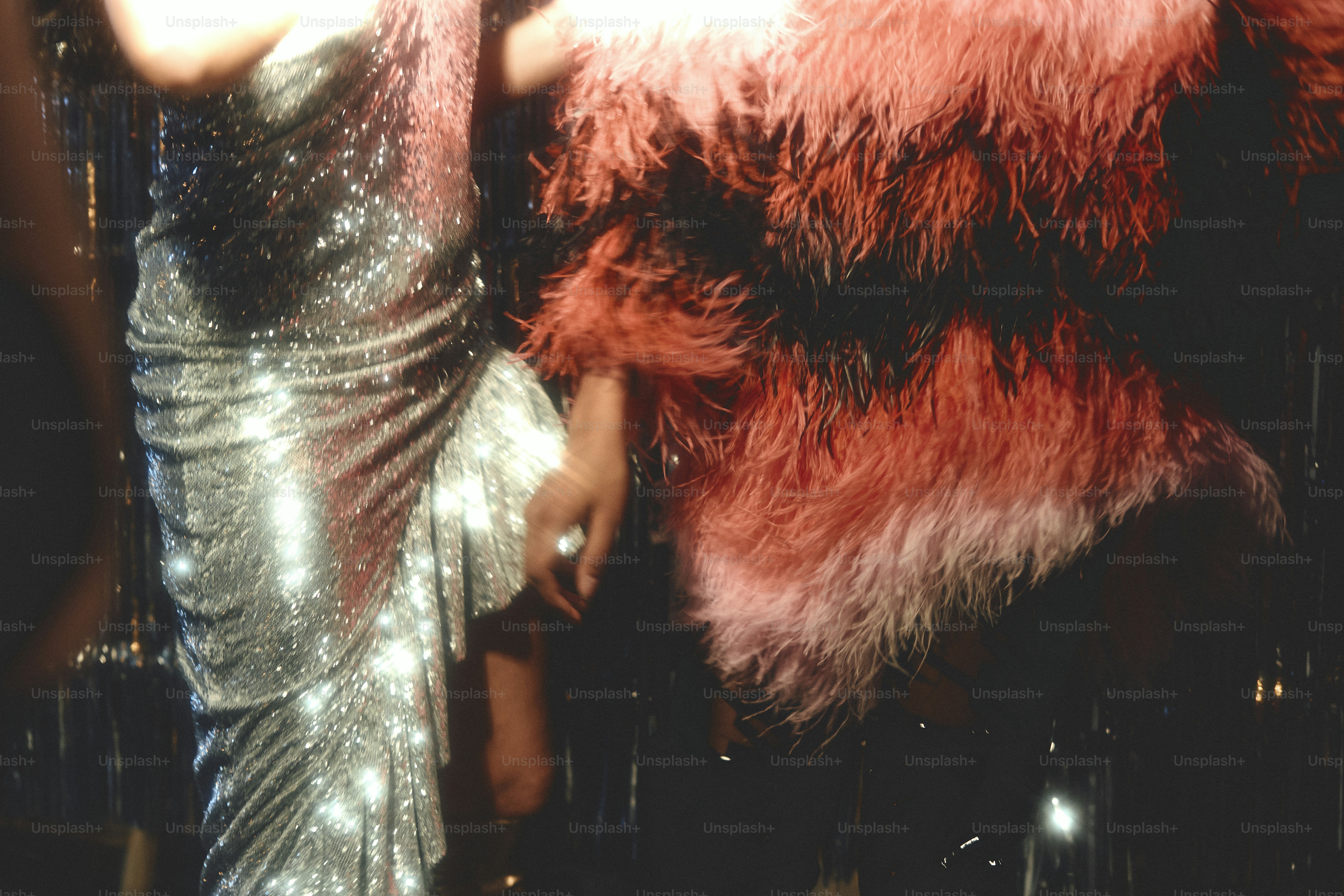 Two figures in glittering and feathered outfits