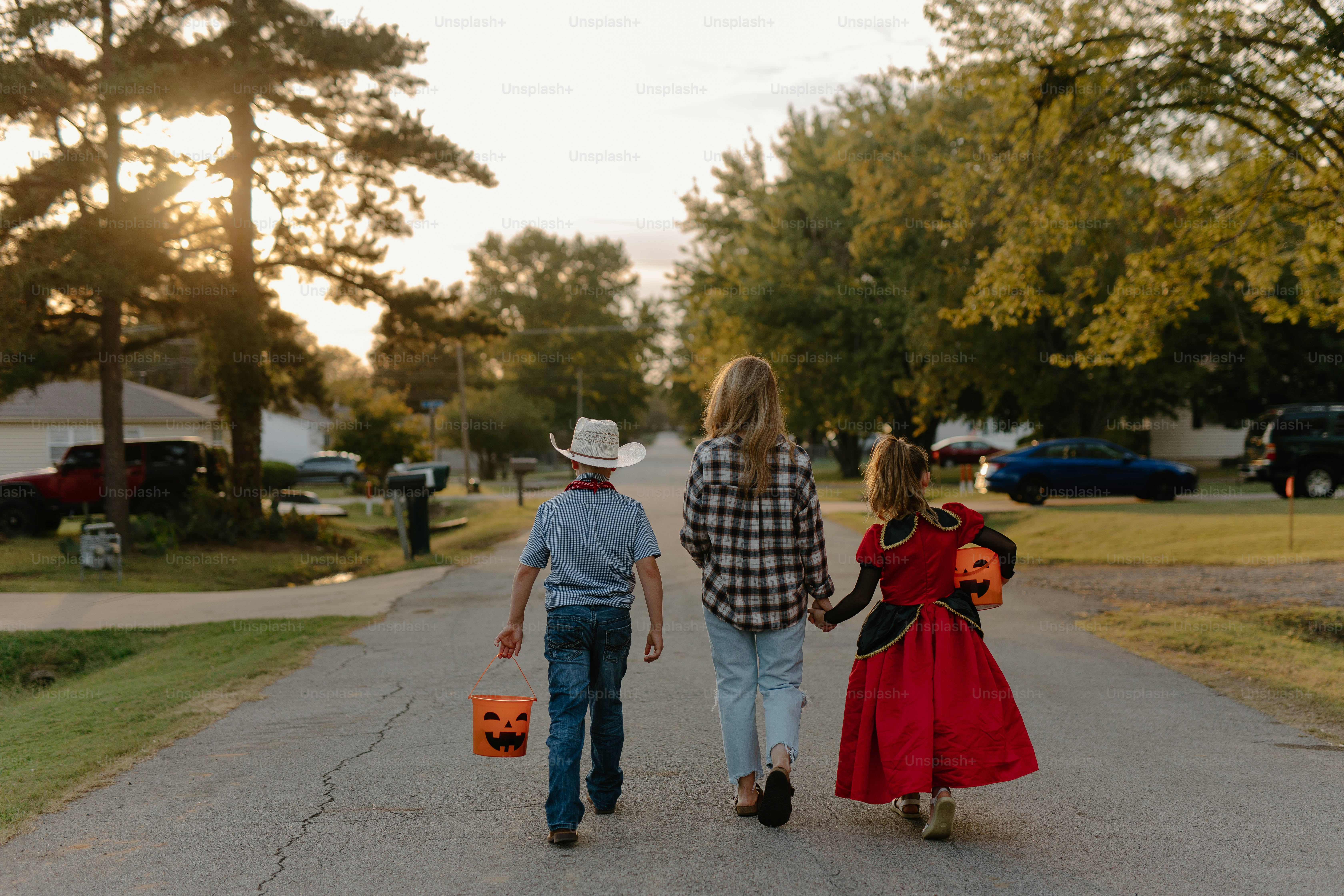 Children in costumes walk down a street at sunset.