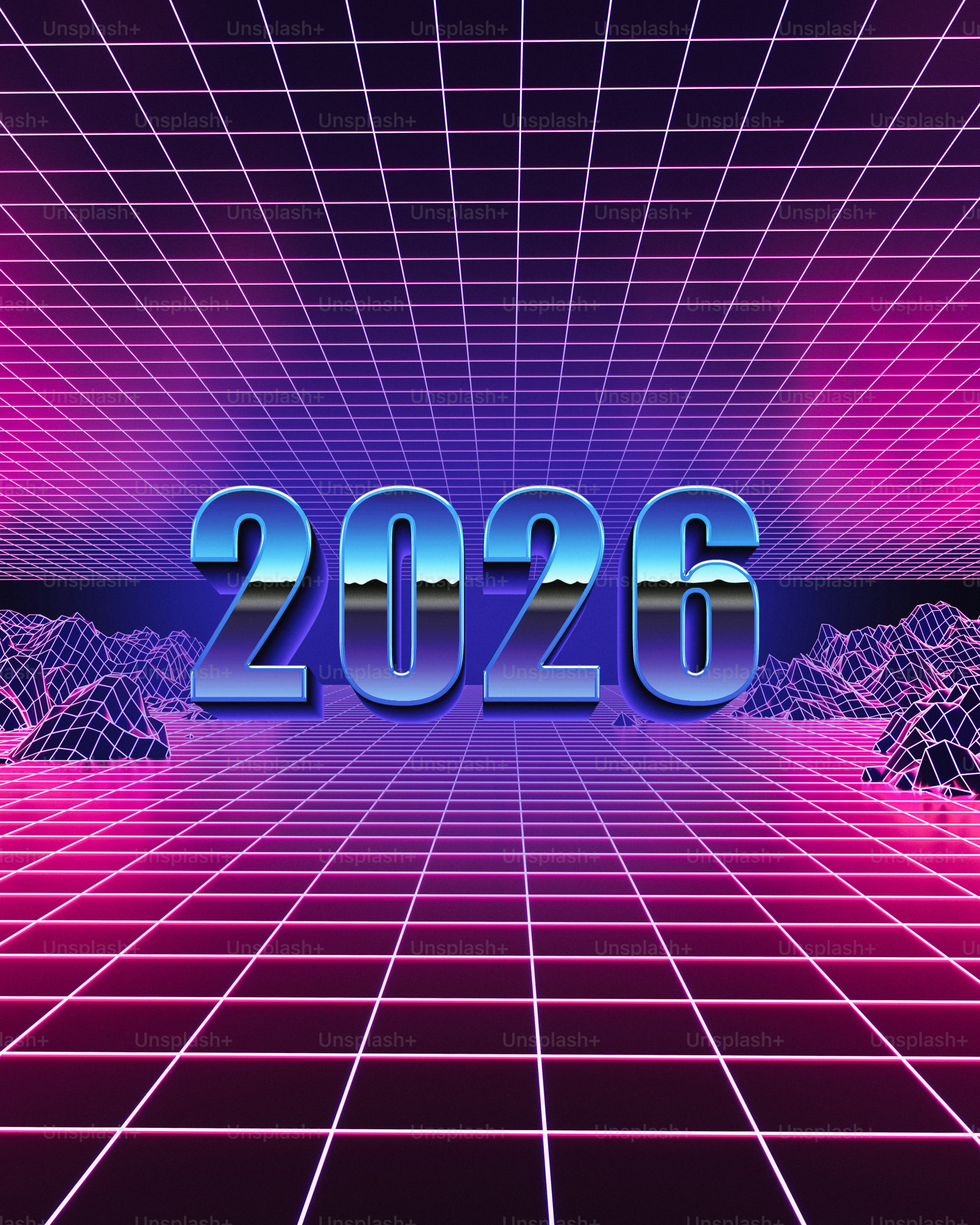 Retro grid landscape with the year 2026