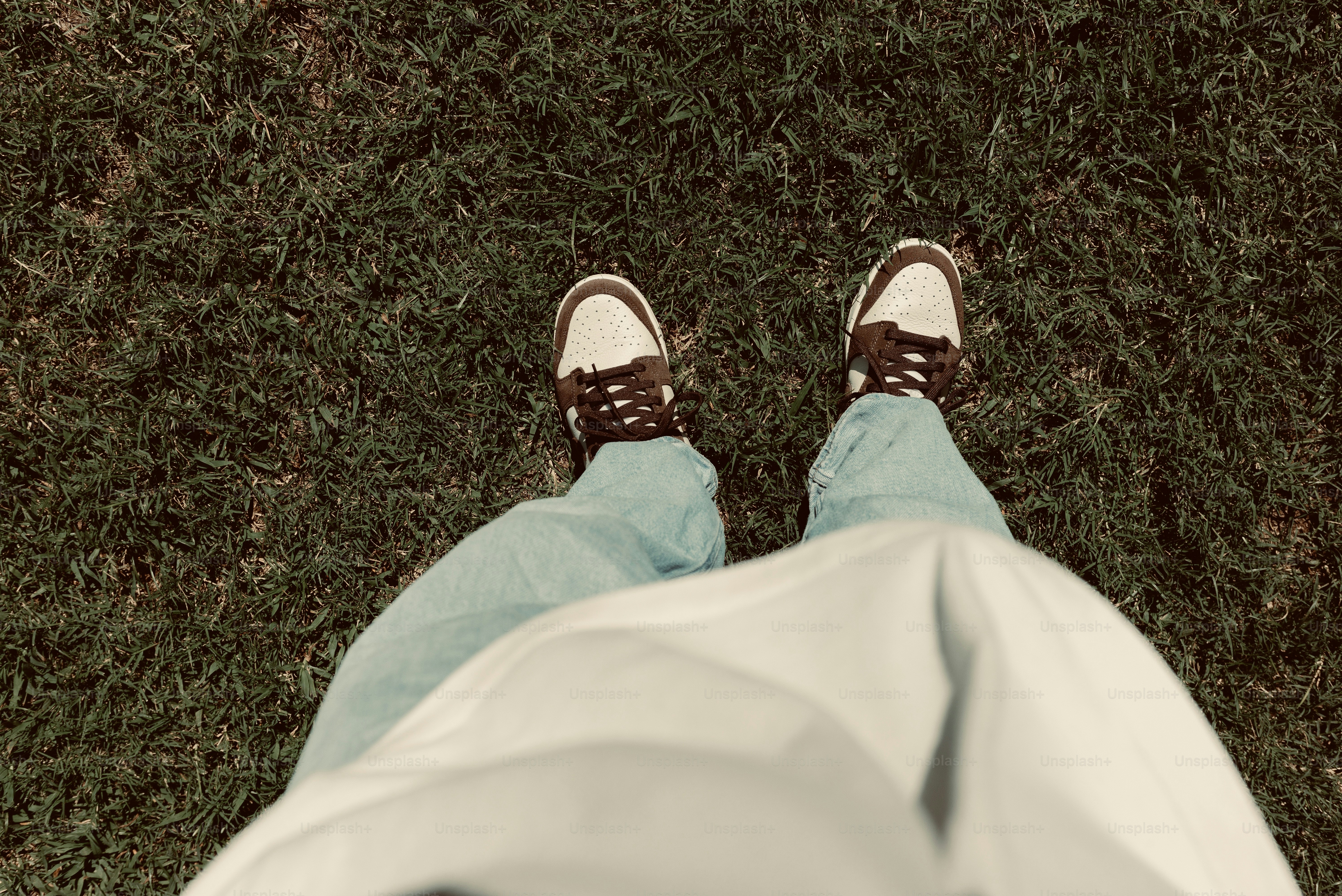 Feet in sneakers standing on grass