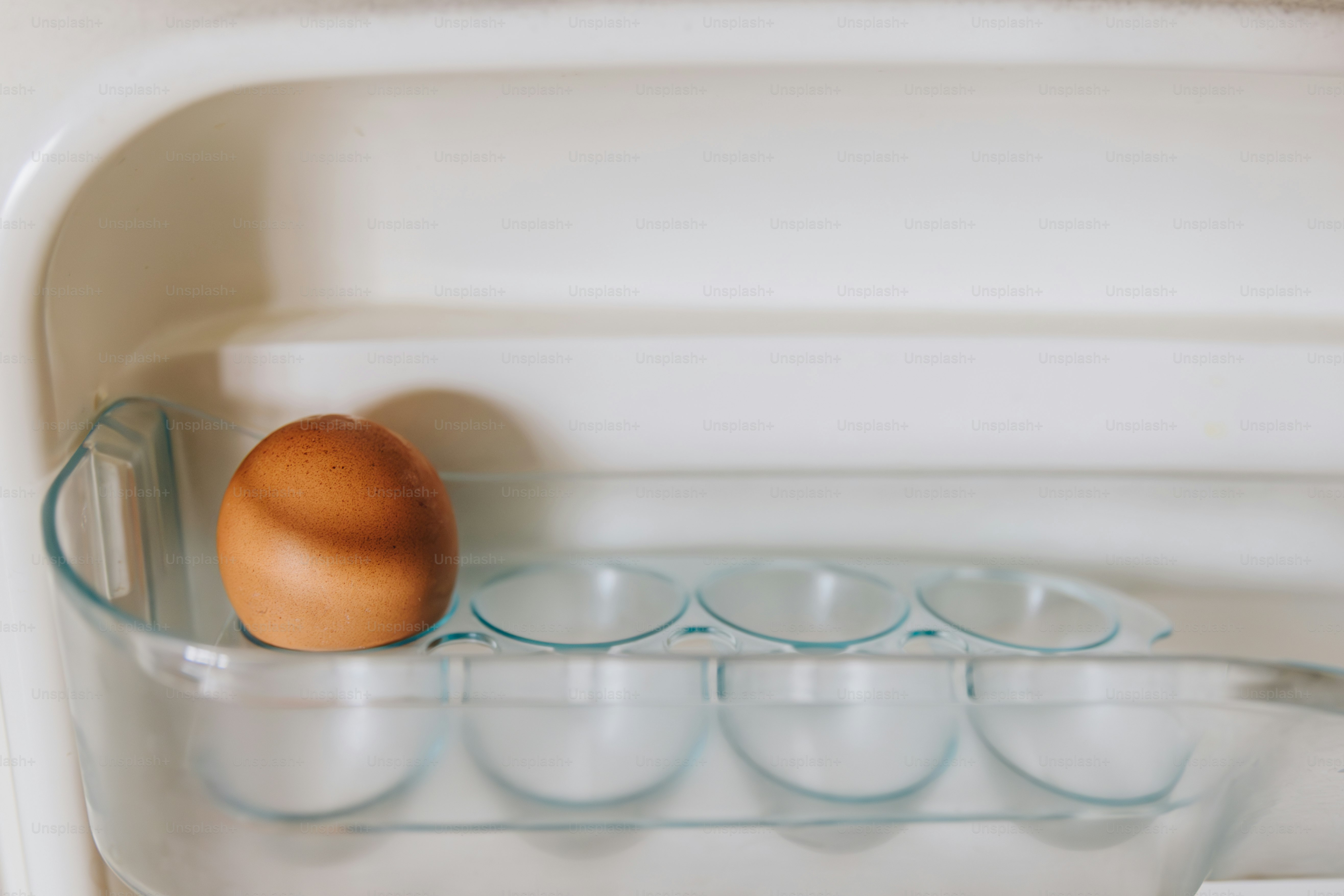 Ein braunes Ei in einer Kühlschranktür