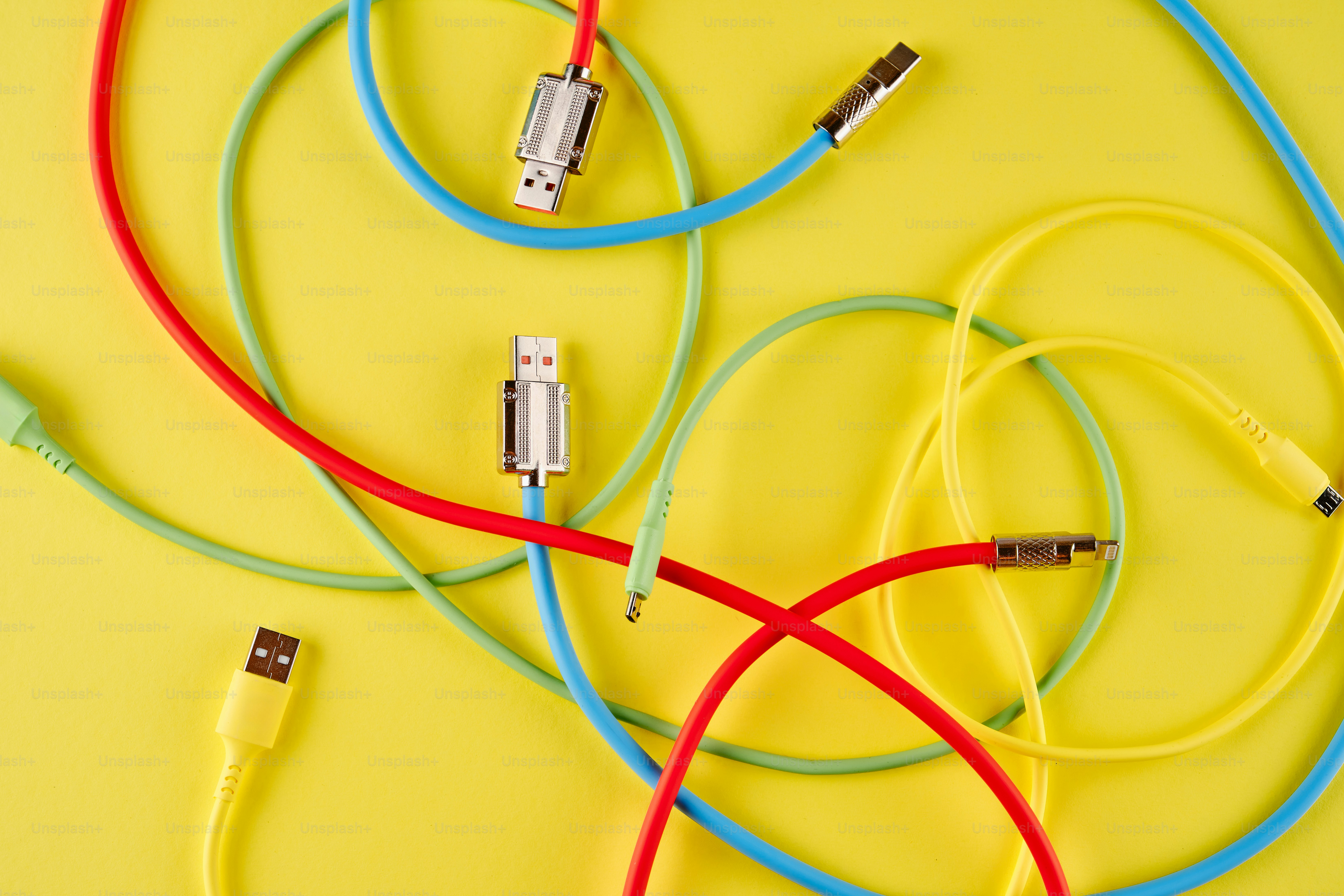 Colorful cables and connectors scattered on yellow background