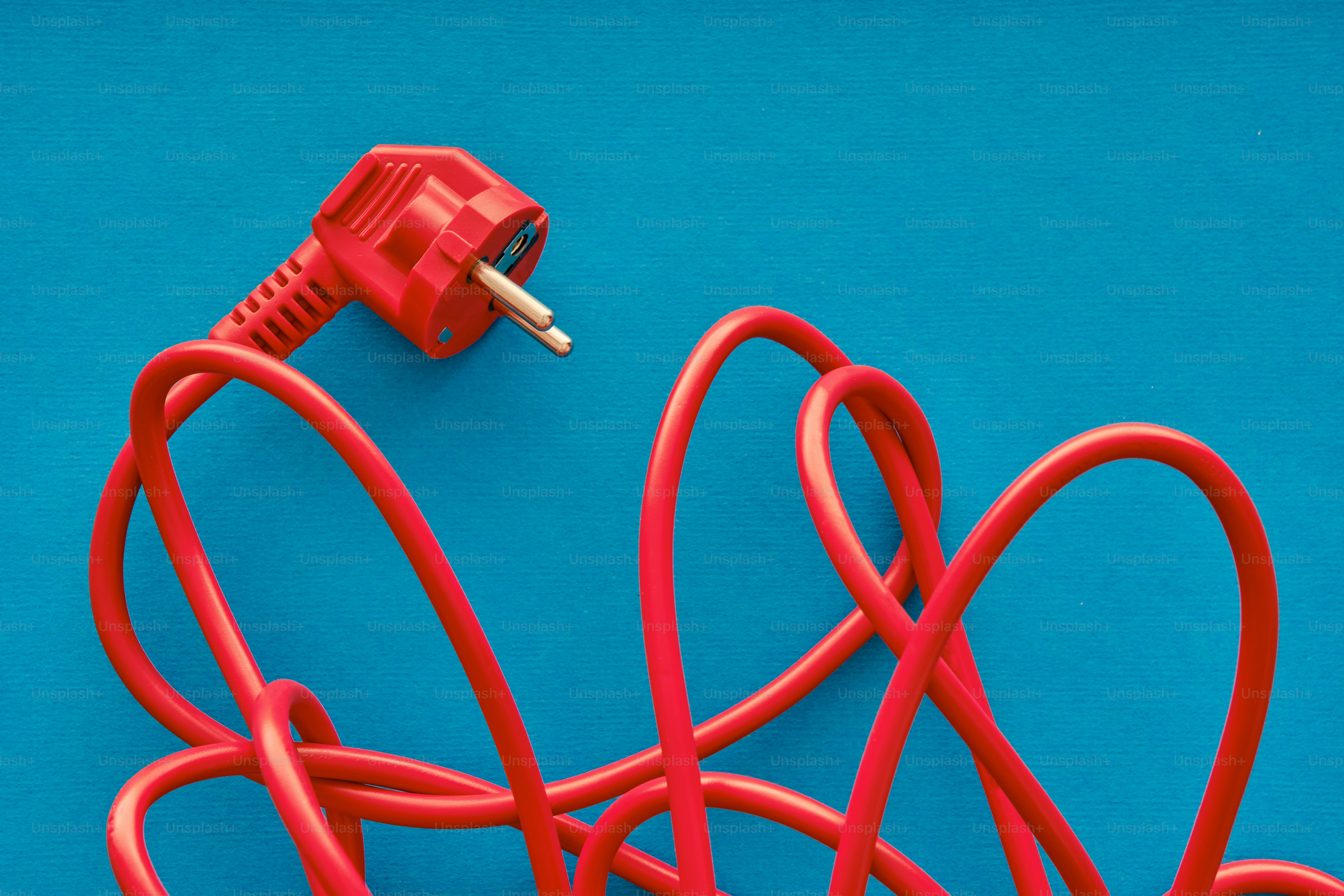 A red electrical cord with a plug lies coiled.