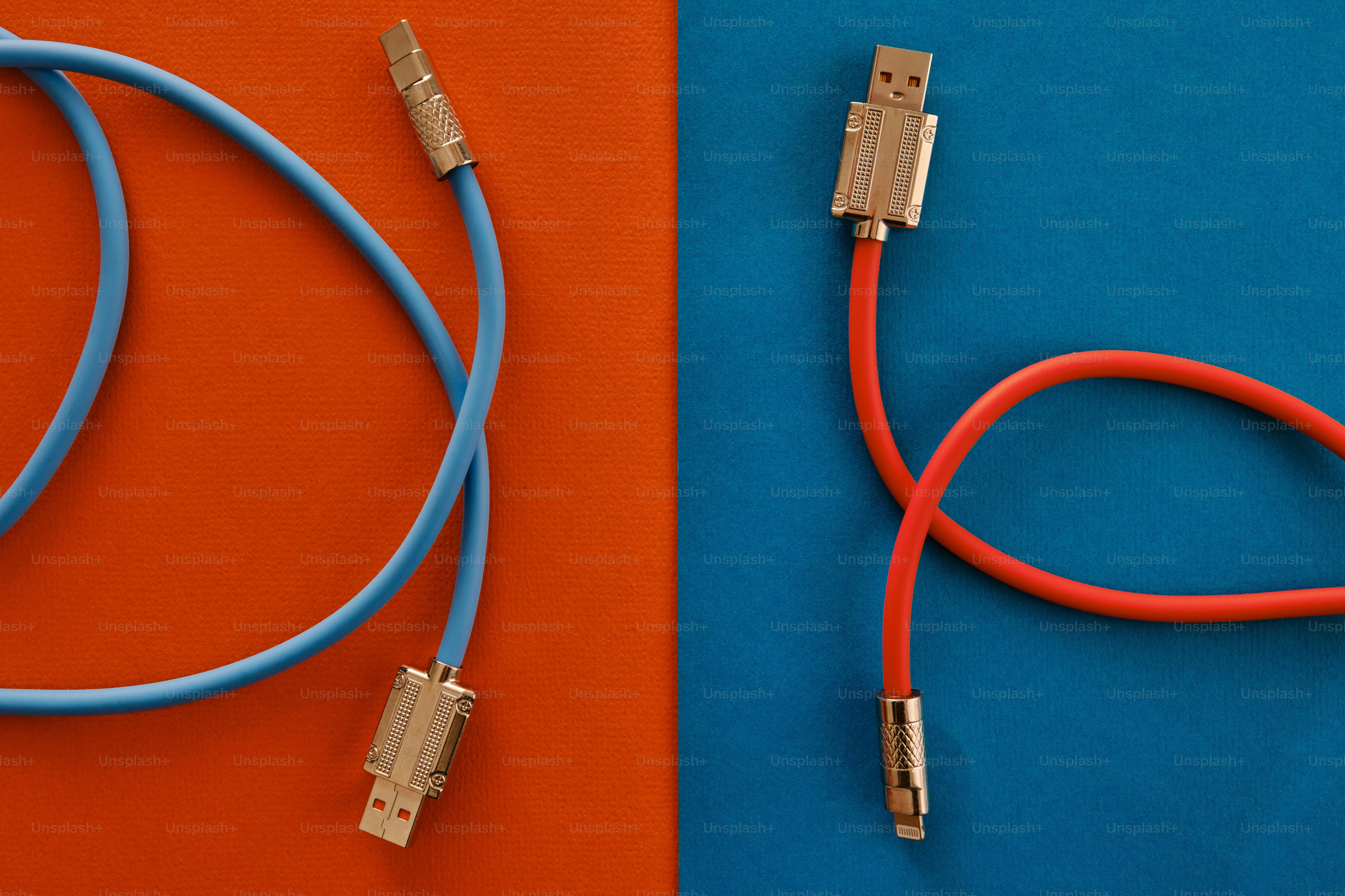 Colorful cables and connectors scattered on yellow background photo ...