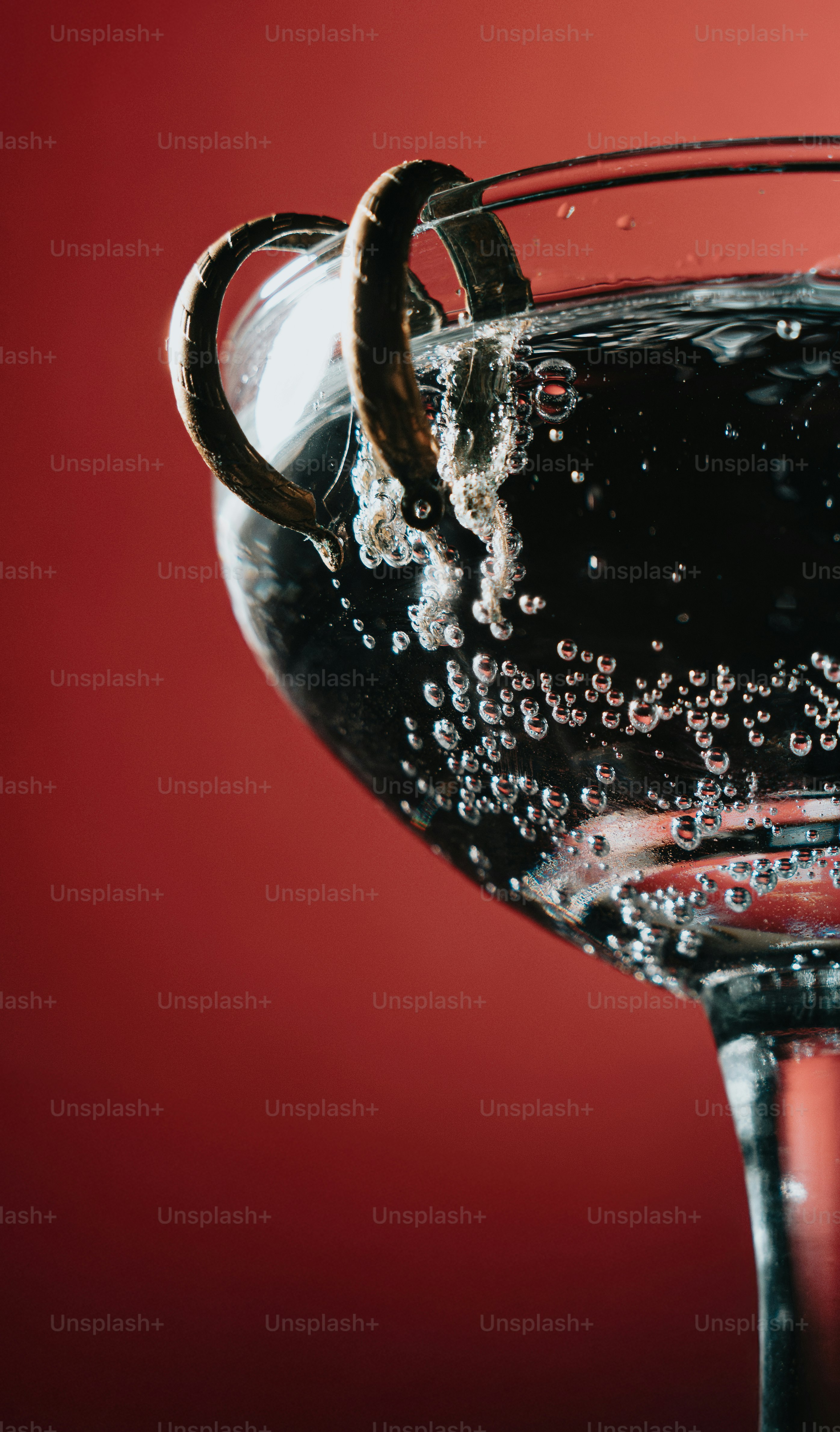 A glass with bubbly water and handles