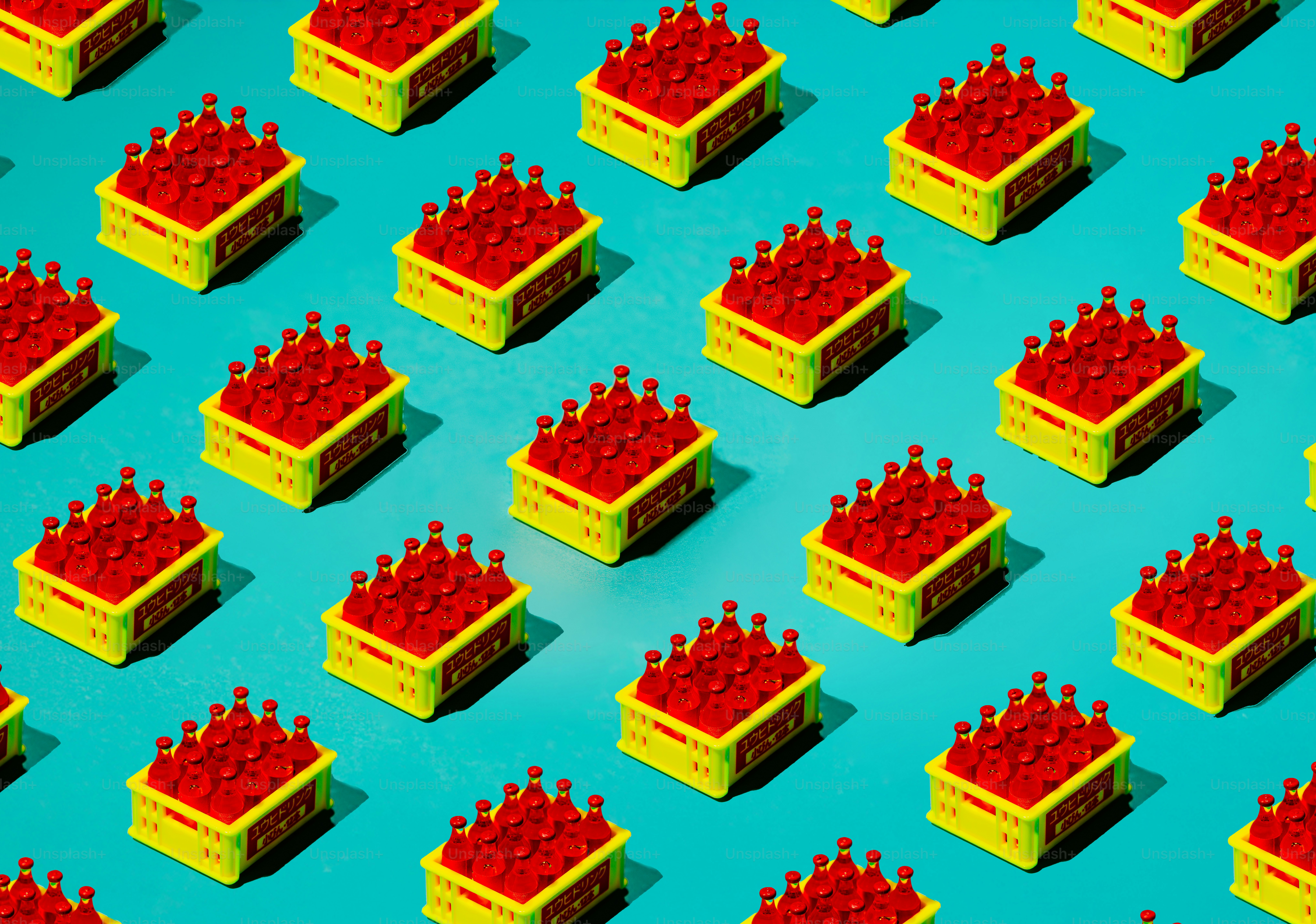 Yellow crates filled with red bottles on blue background