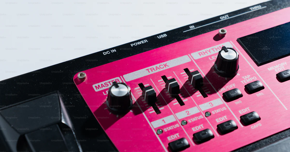 Close-up of a pink electronic music synthesizer control panel photo ...