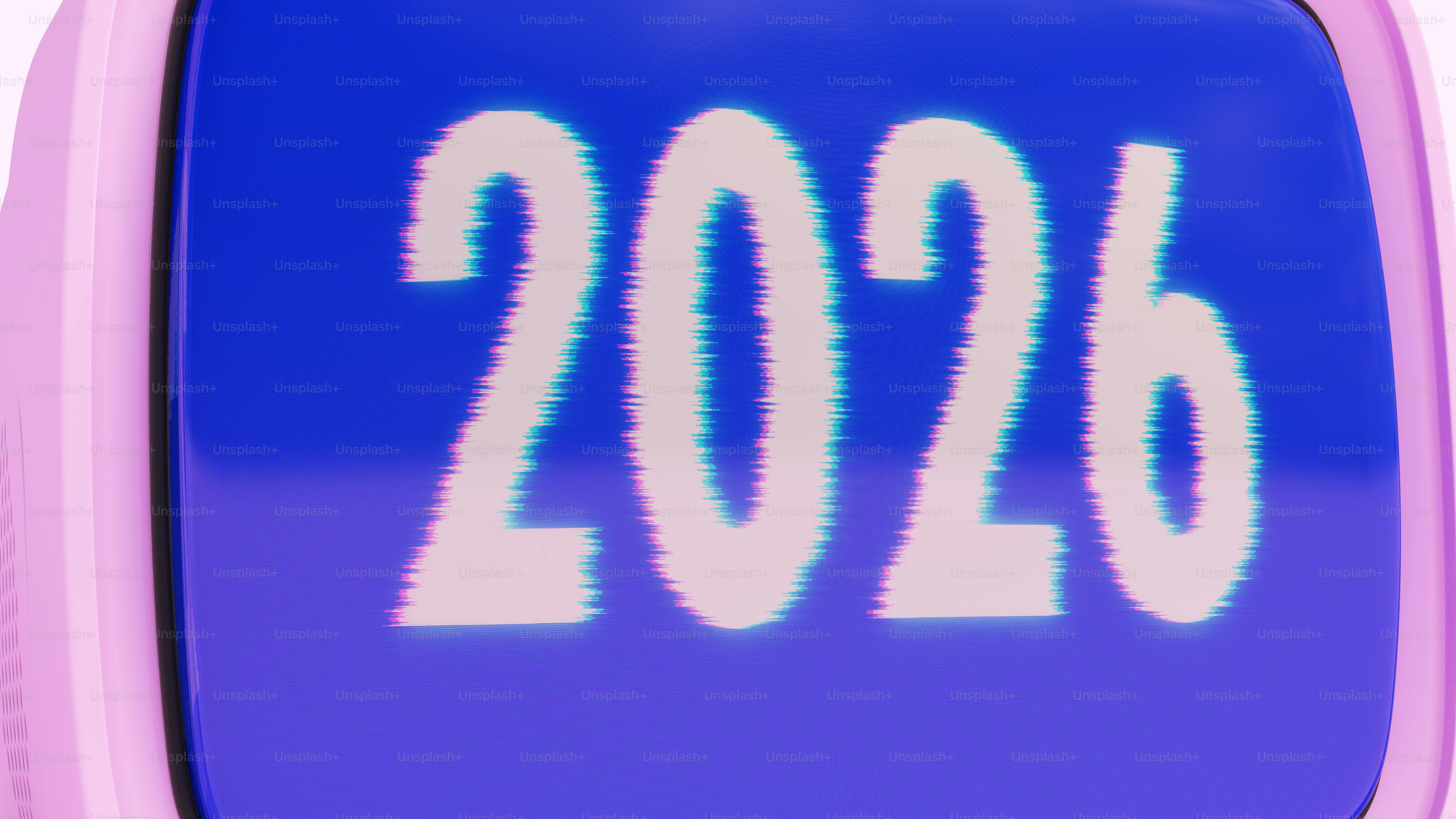 Retro Futuristic 2026 TV Screen Blue Pink Glitch Numbers 3d Illustration