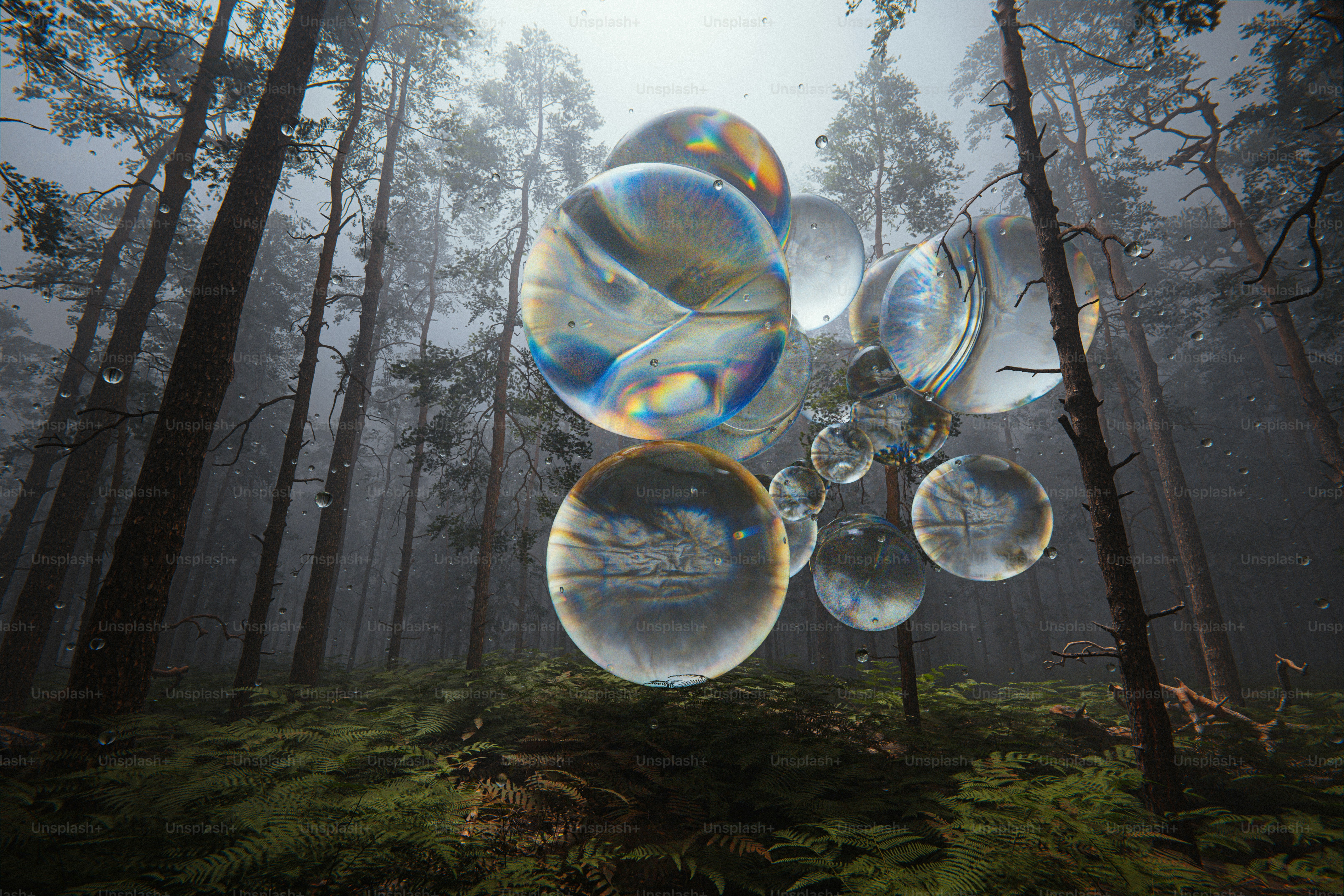 Esferas transparentes flutuando em uma floresta enevoada