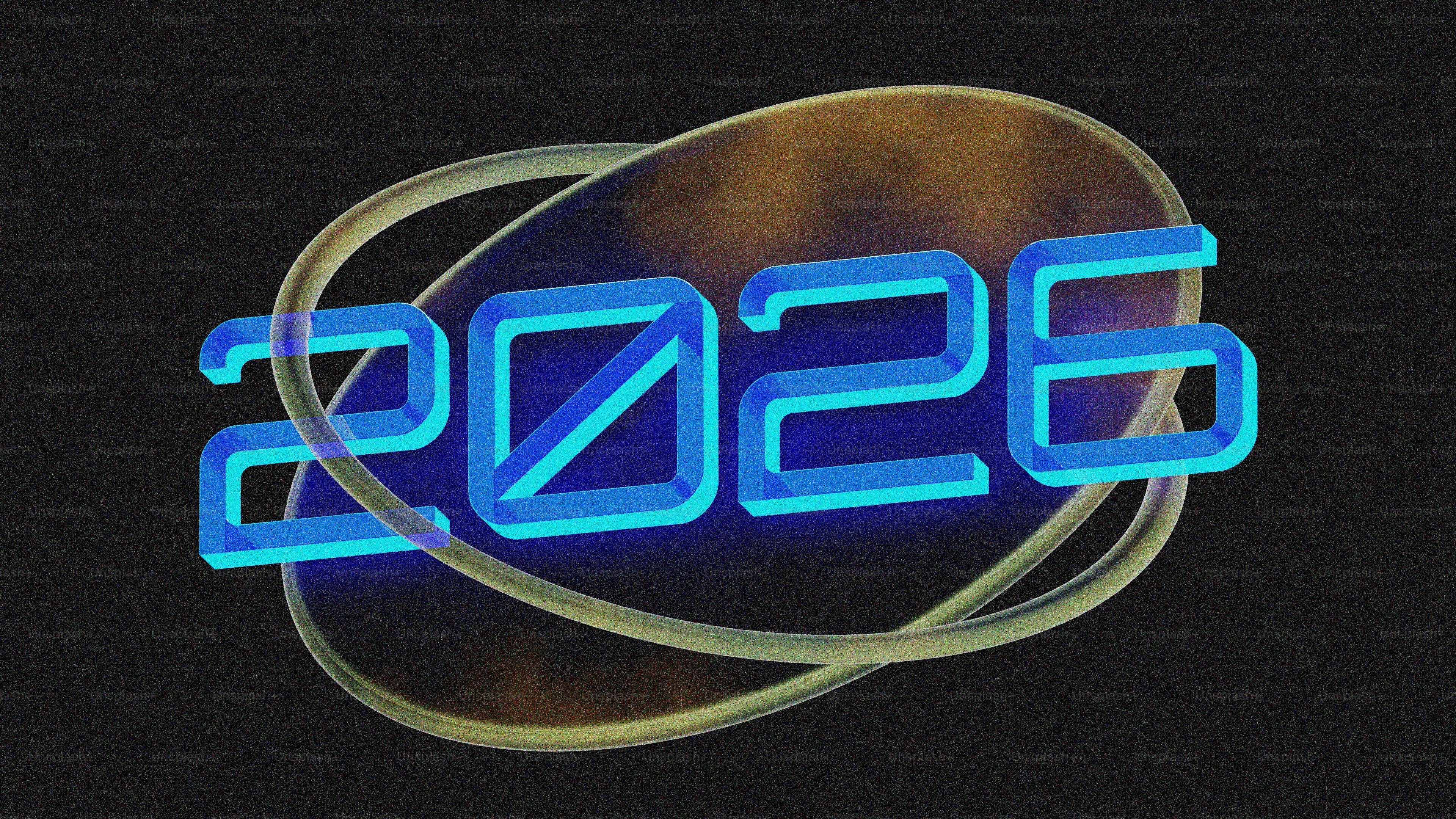 The year 2026 in blue neon numbers.