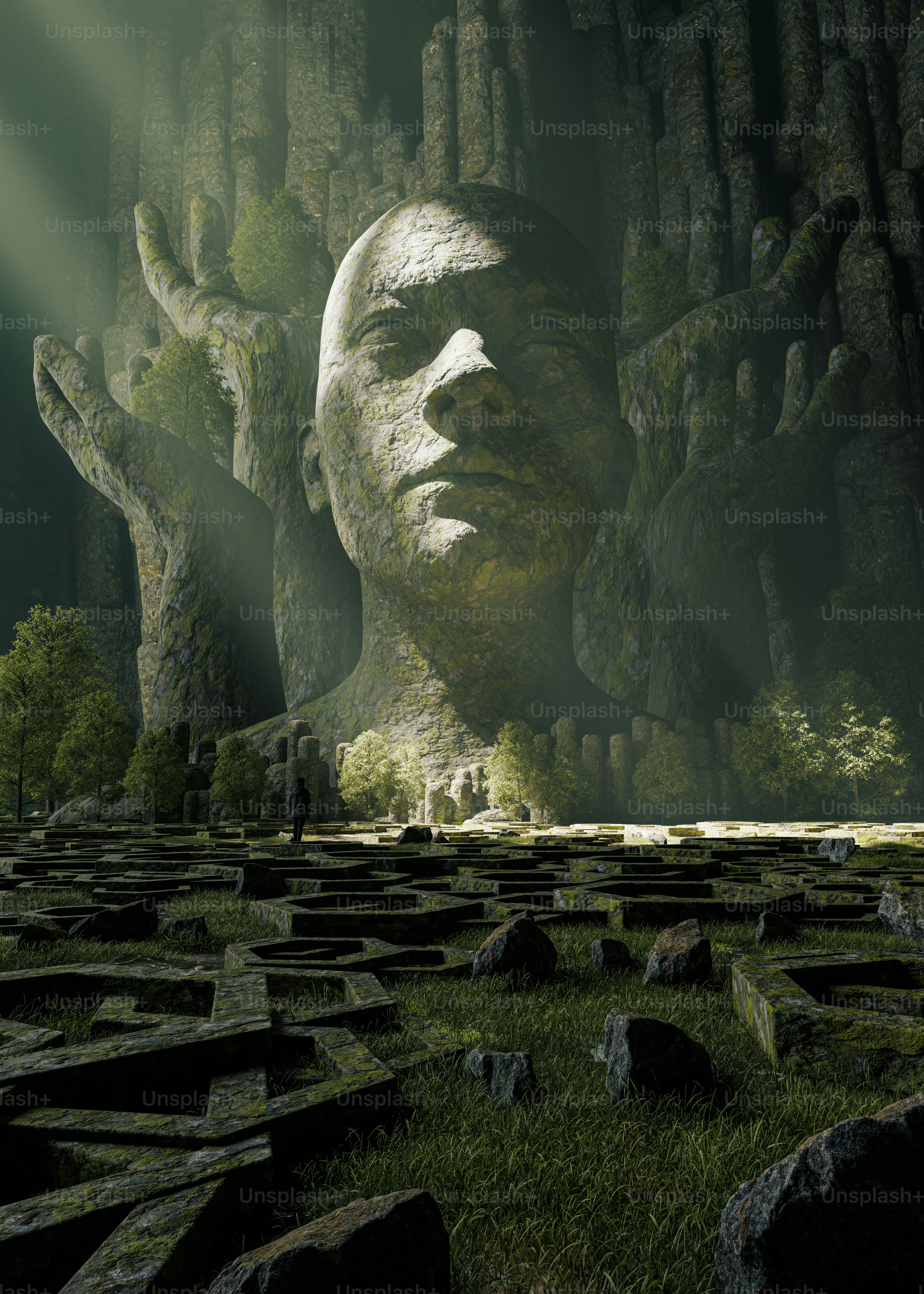 苔むした遺跡のあるジャングル遺跡から巨大な石の頭が現れます。