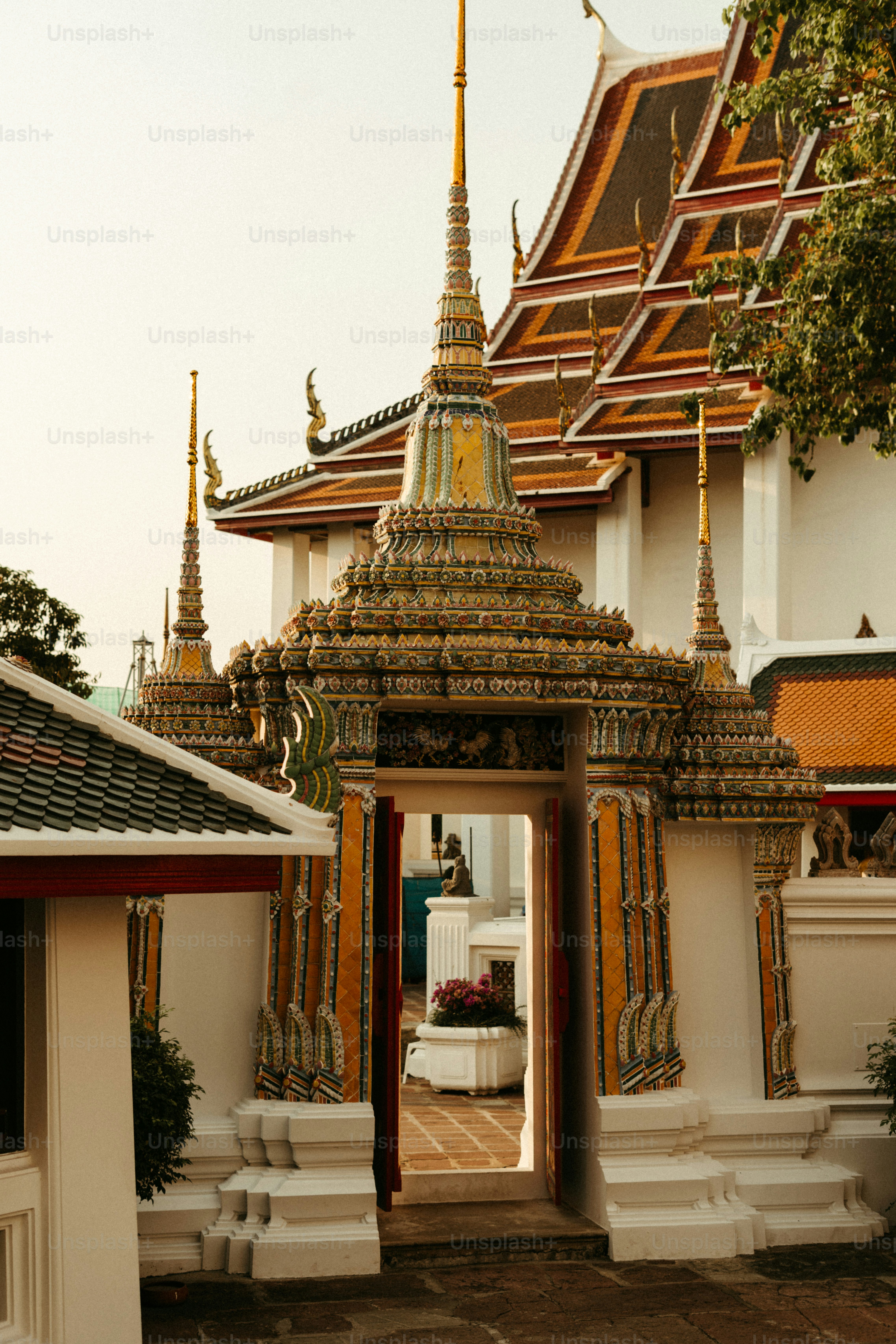 Ornate gateway to a temple with ornate spires