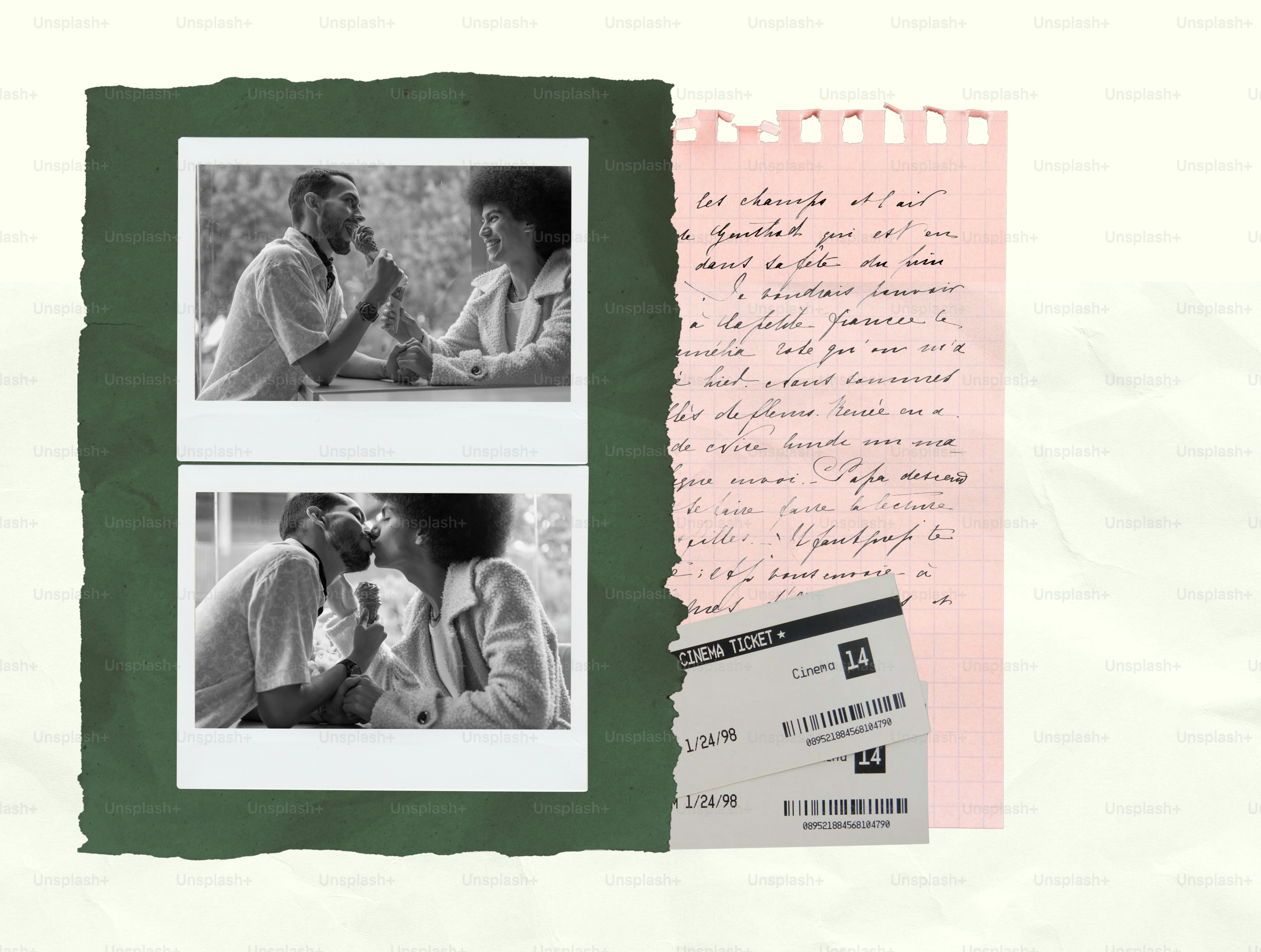 Couple sharing ice cream, holding hands, and kissing.