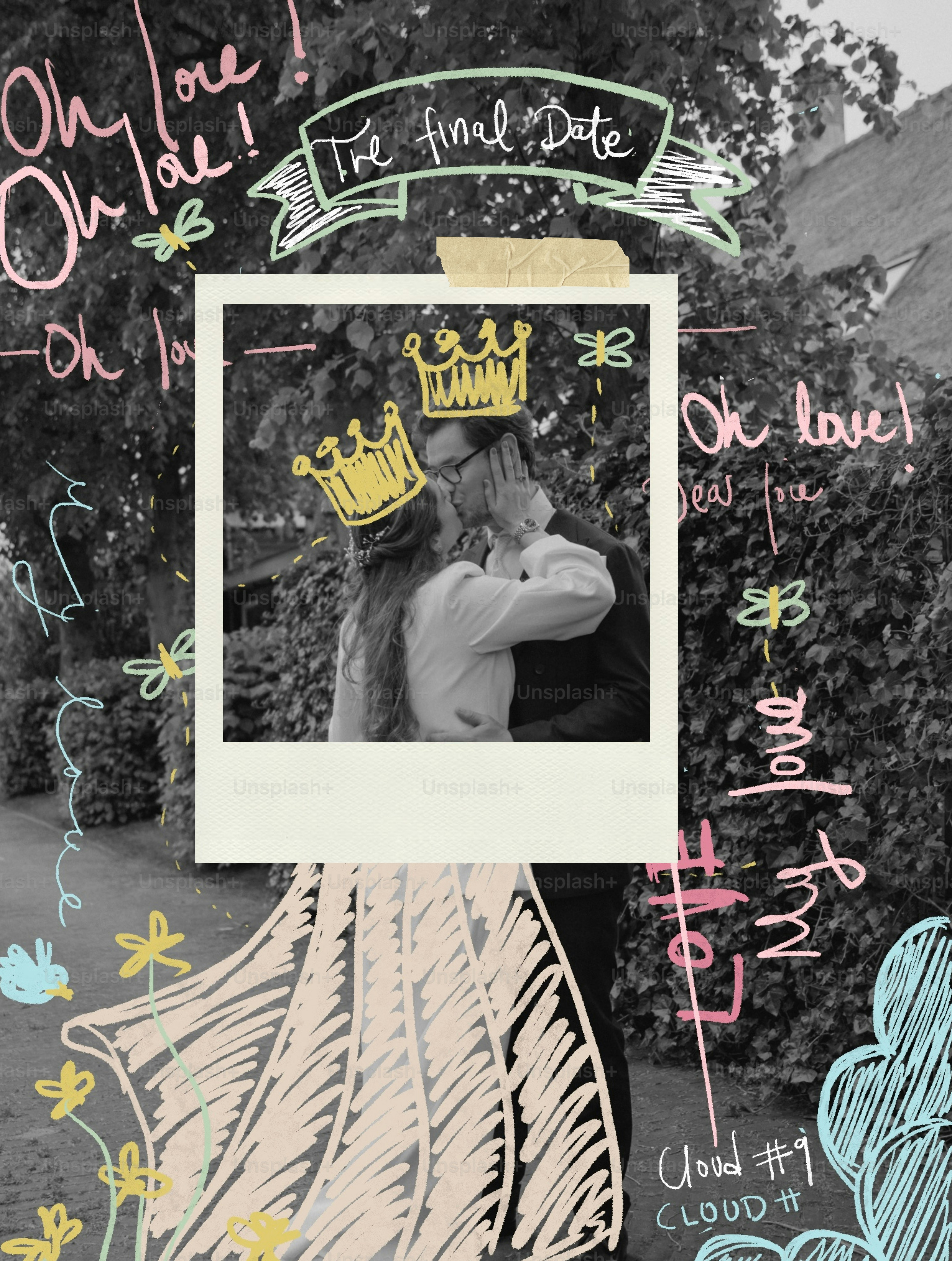 Couple kisses wearing crowns with "the final date" banner