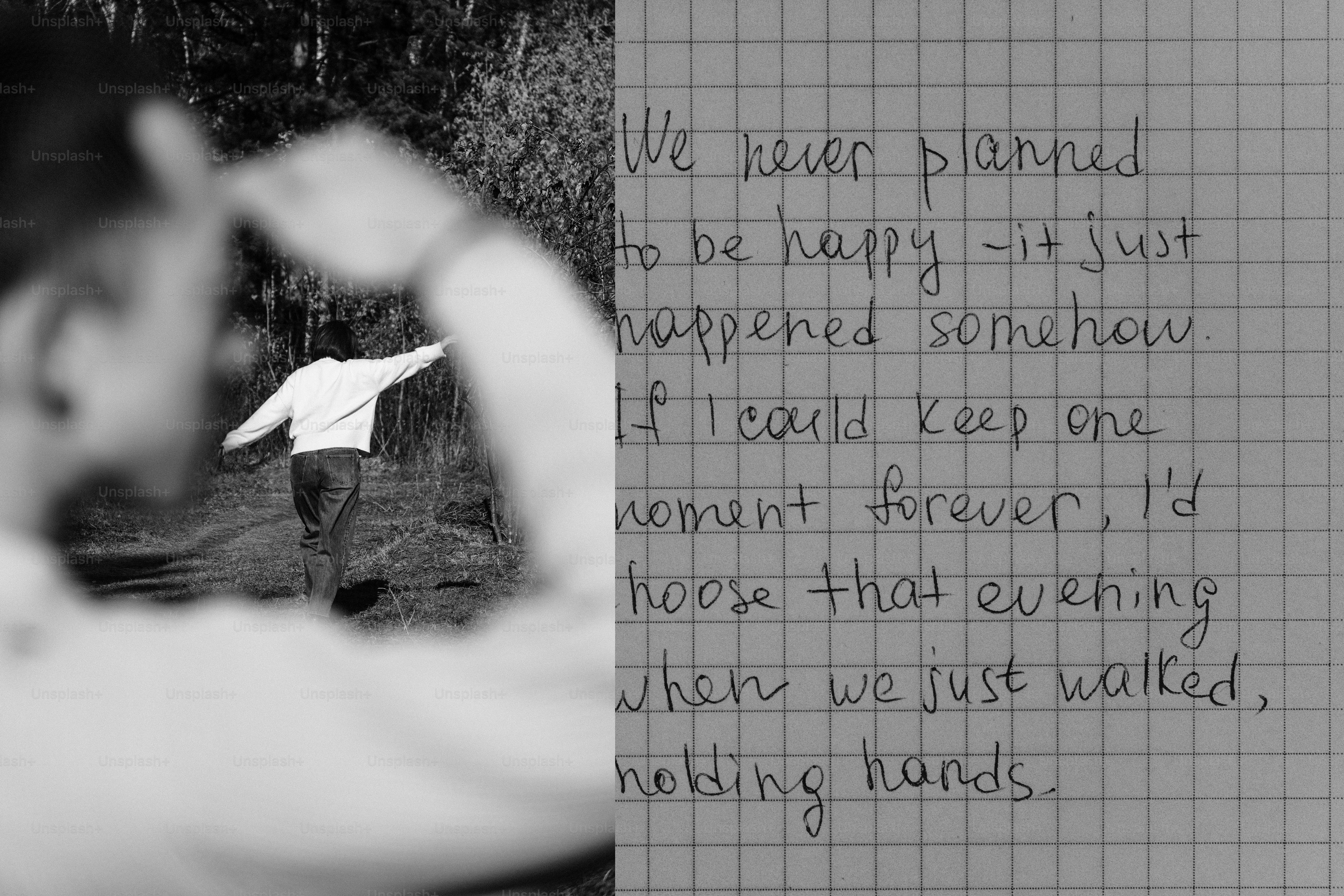 Black and white split screen with person and writing