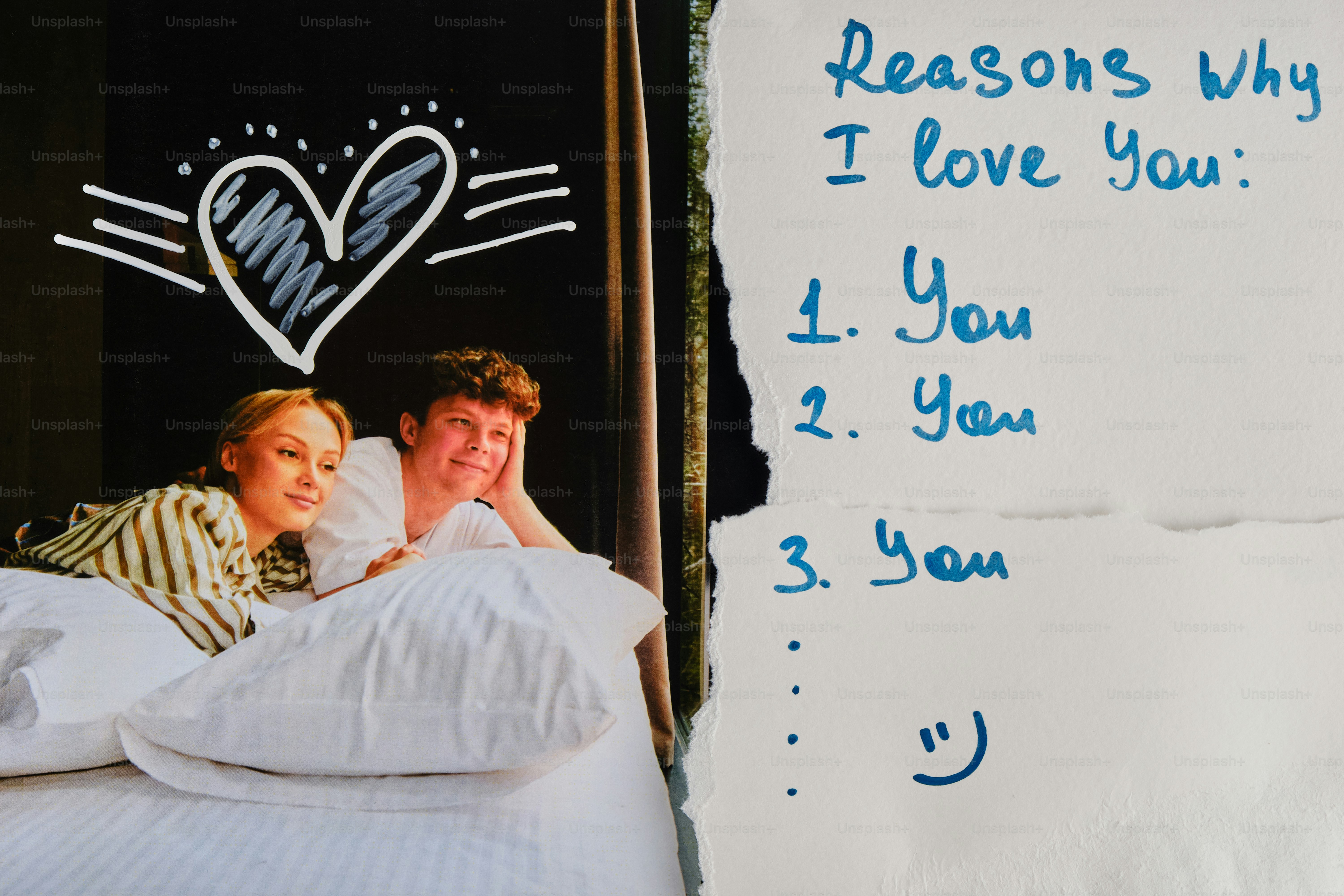 Couple in bed with a handwritten list of reasons why.