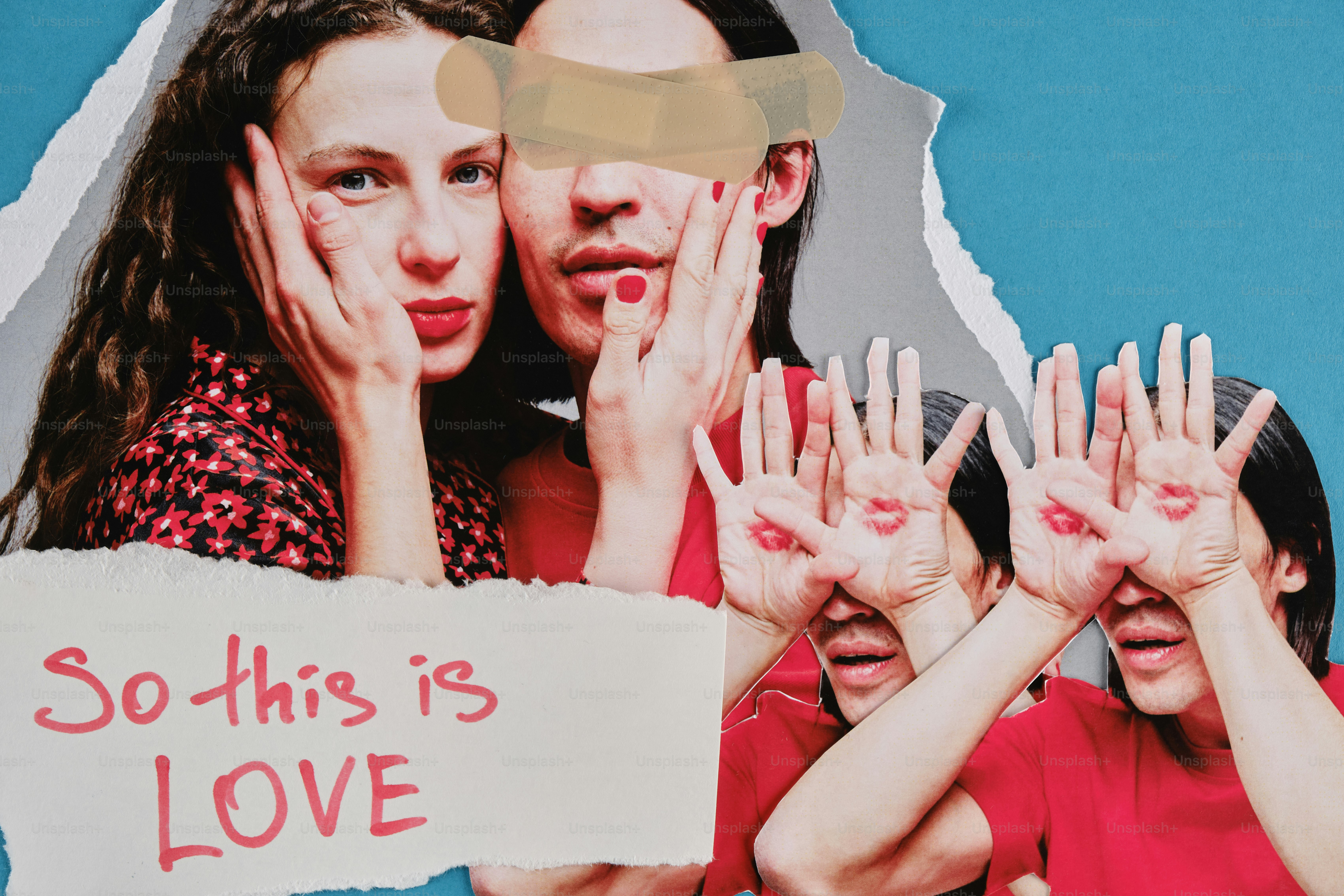 Couple with hands over faces and text