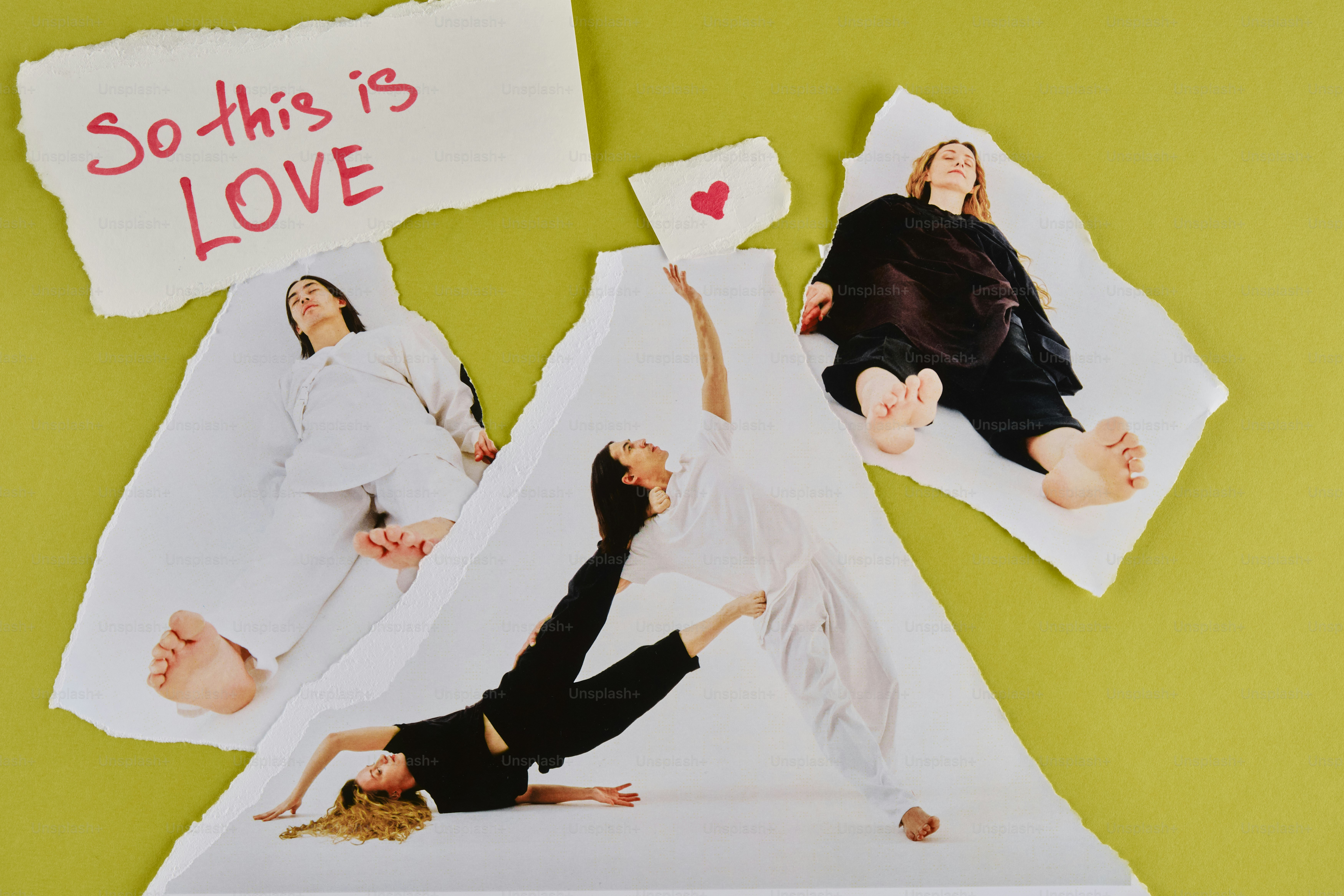 Three women in yoga poses with torn paper elements.