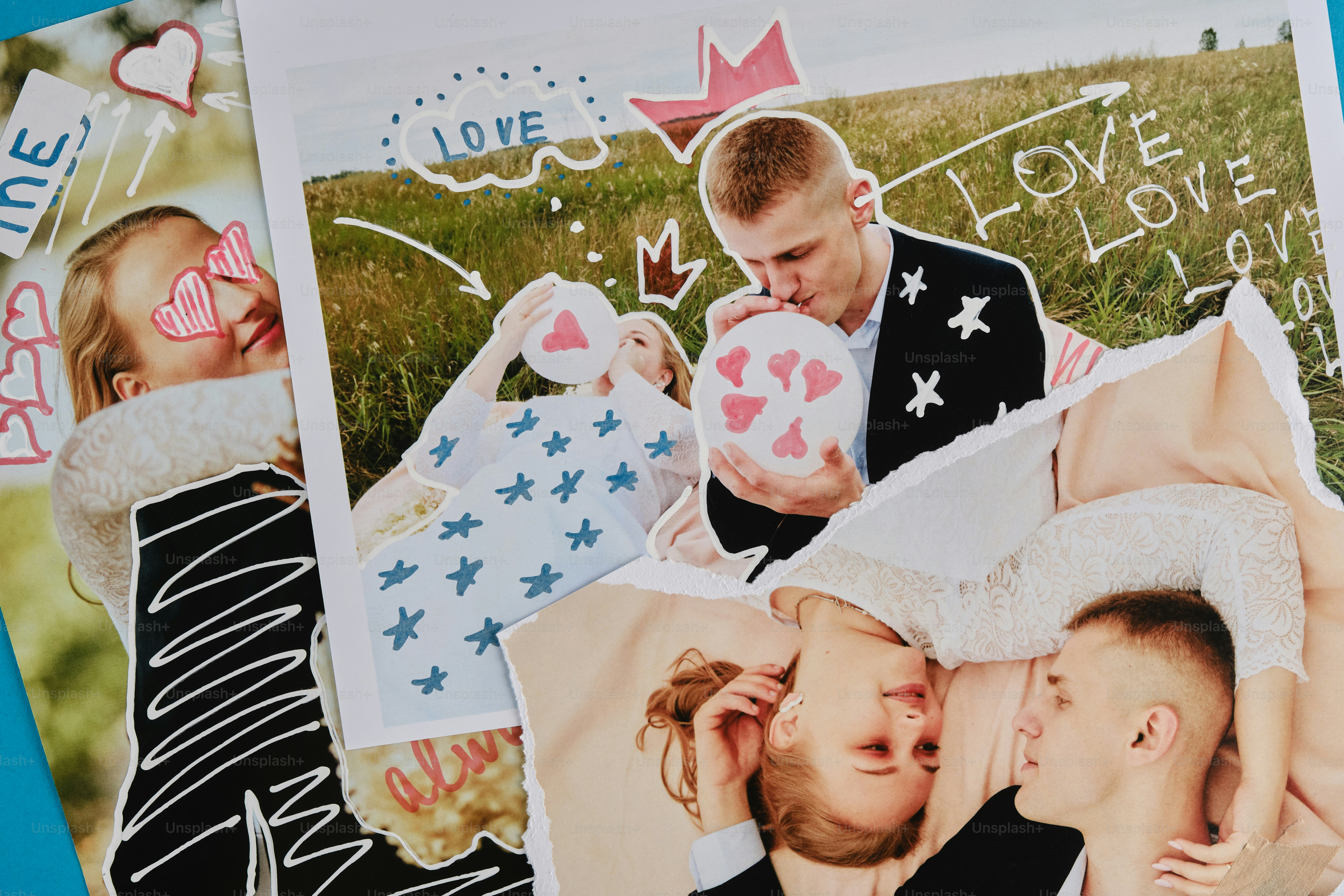Collage de couples avec des cœurs et des décorations d’amour