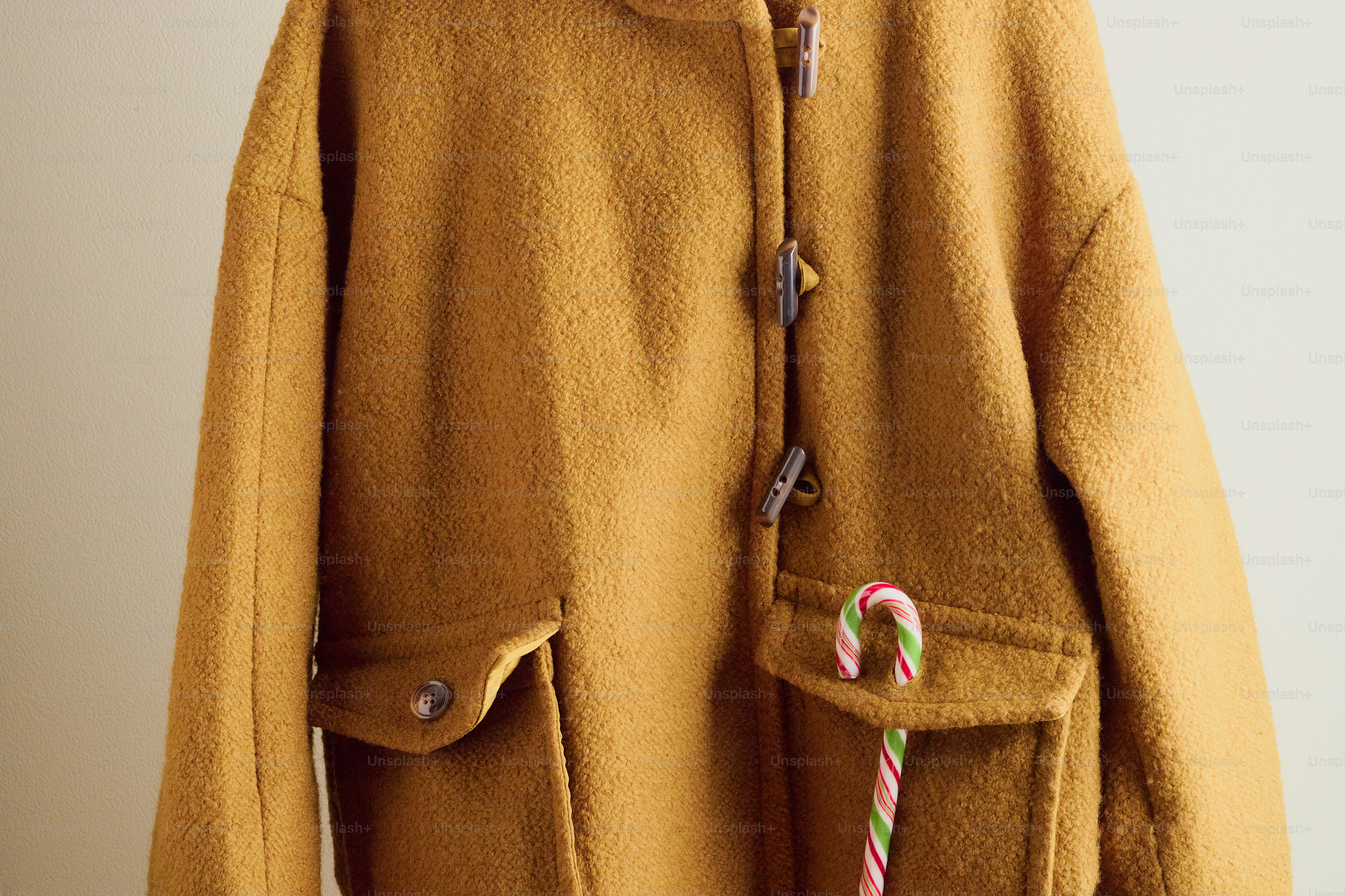 Brown wool coat with toggle closure and candy cane