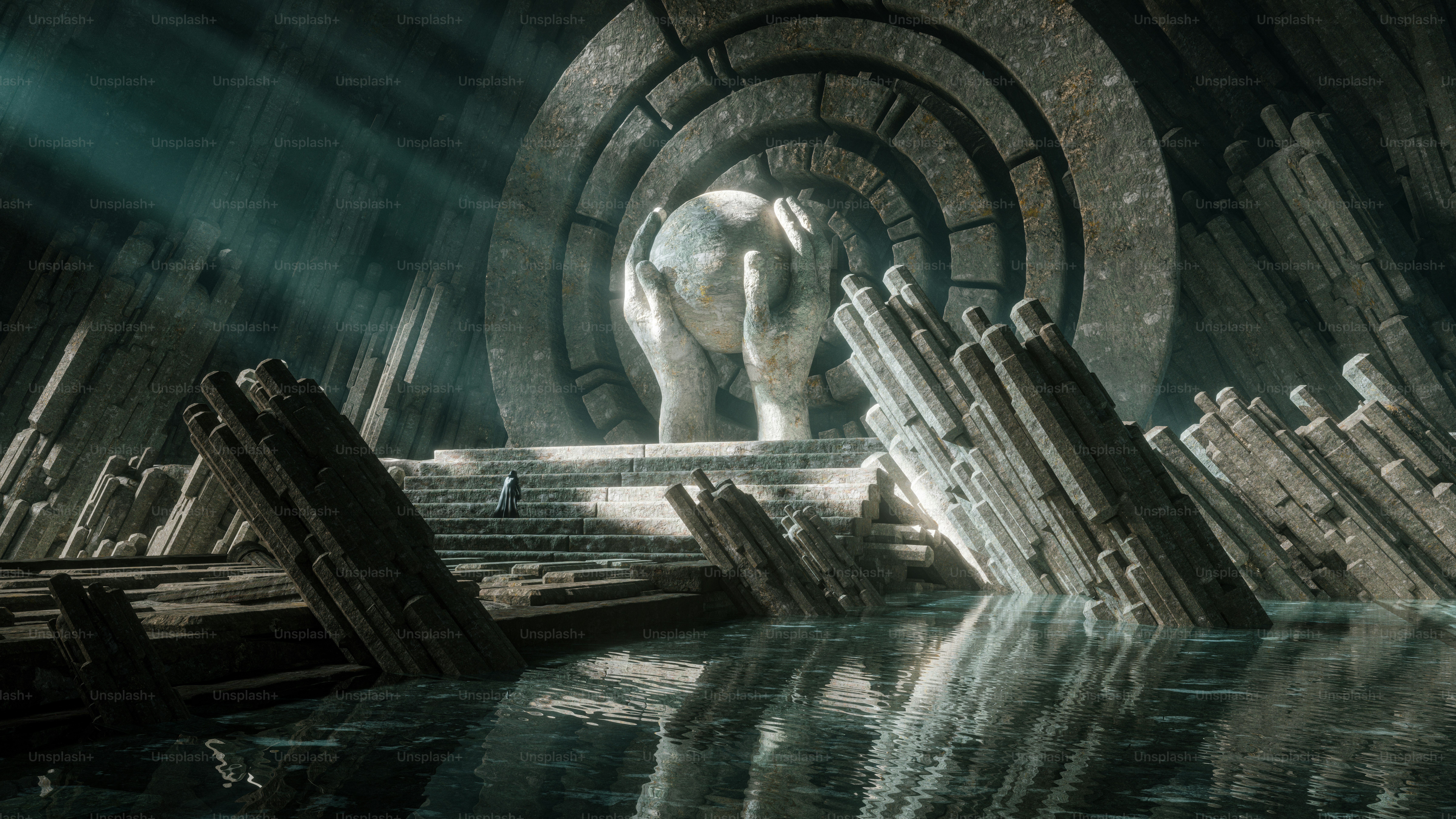 ホッキョクグマが古代の石造りのアーチ道を歩く