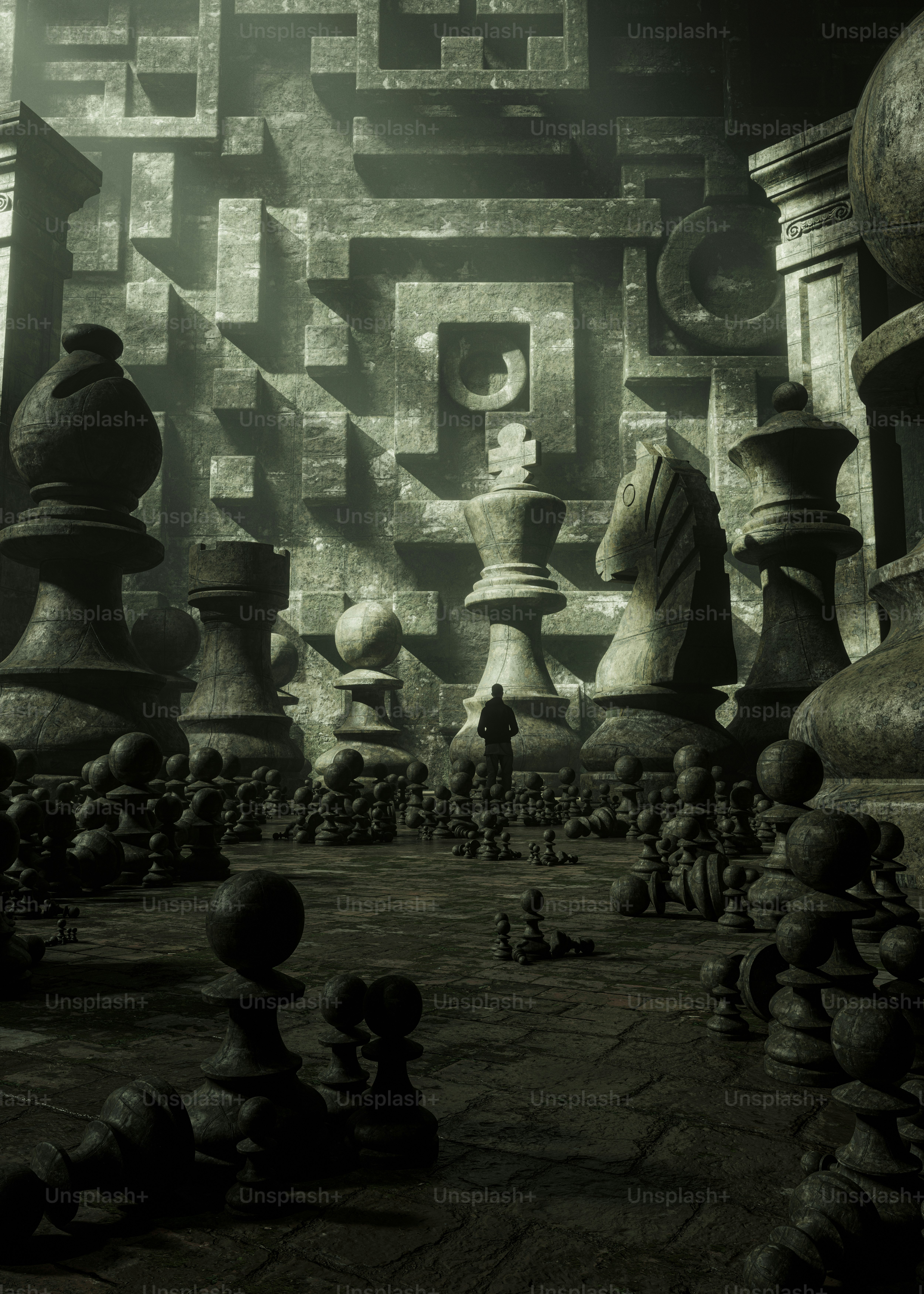 Giant chess pieces in a surreal maze representing strategic benchmark design