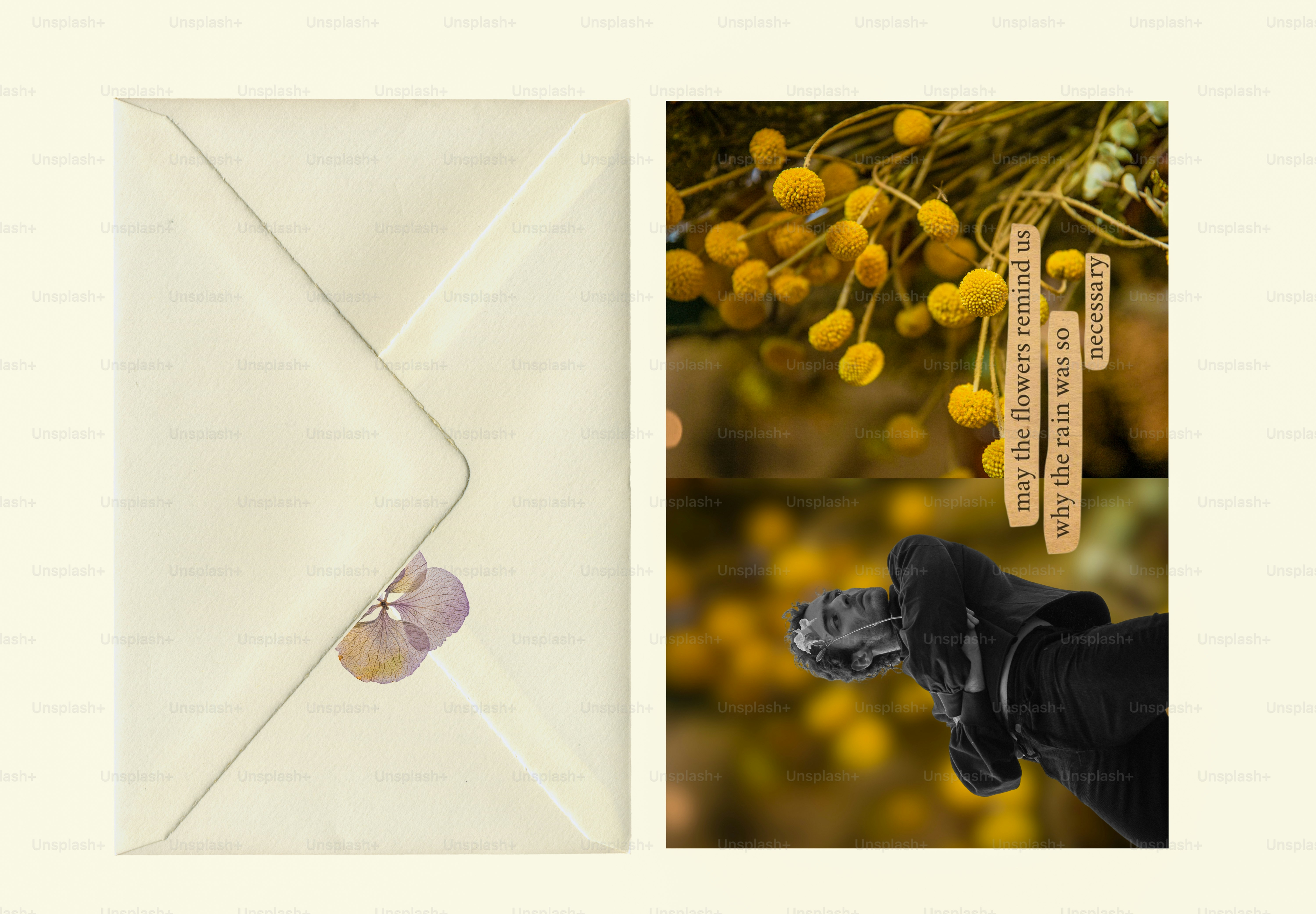 Cream envelope with wax seal next to yellow flowers
