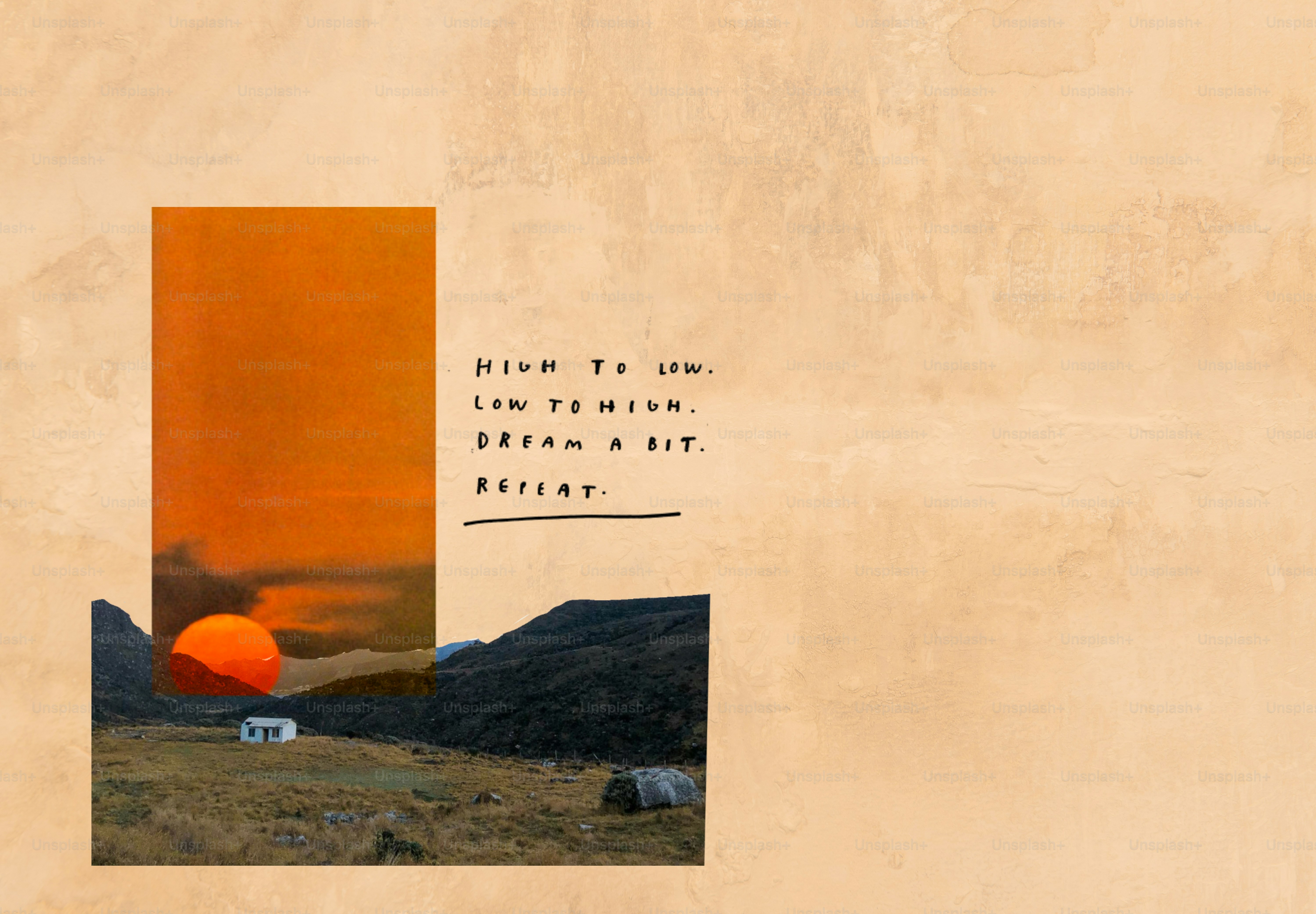 Sunset over a small house and hills.