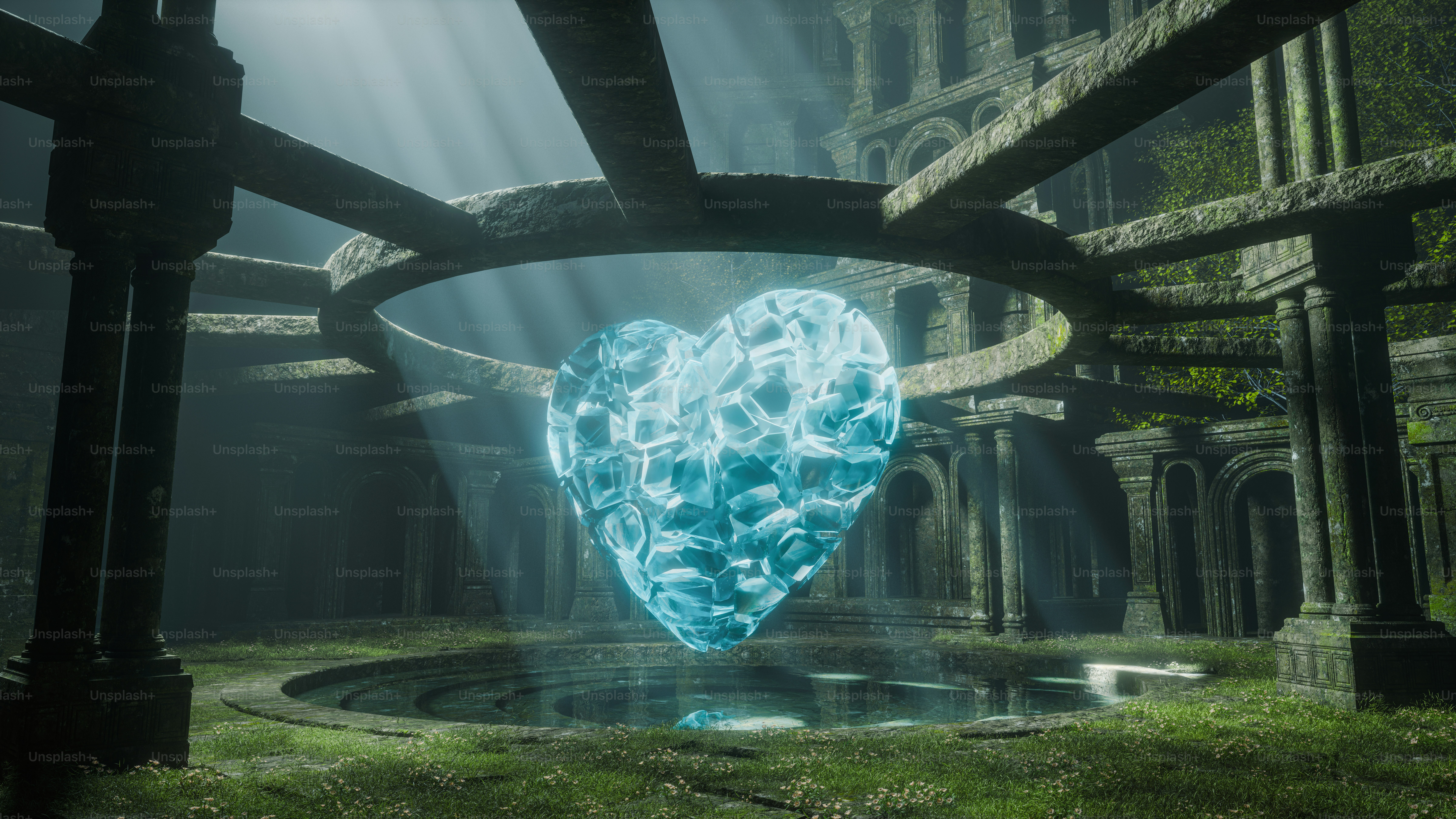 Glowing crystal heart in ancient ruins