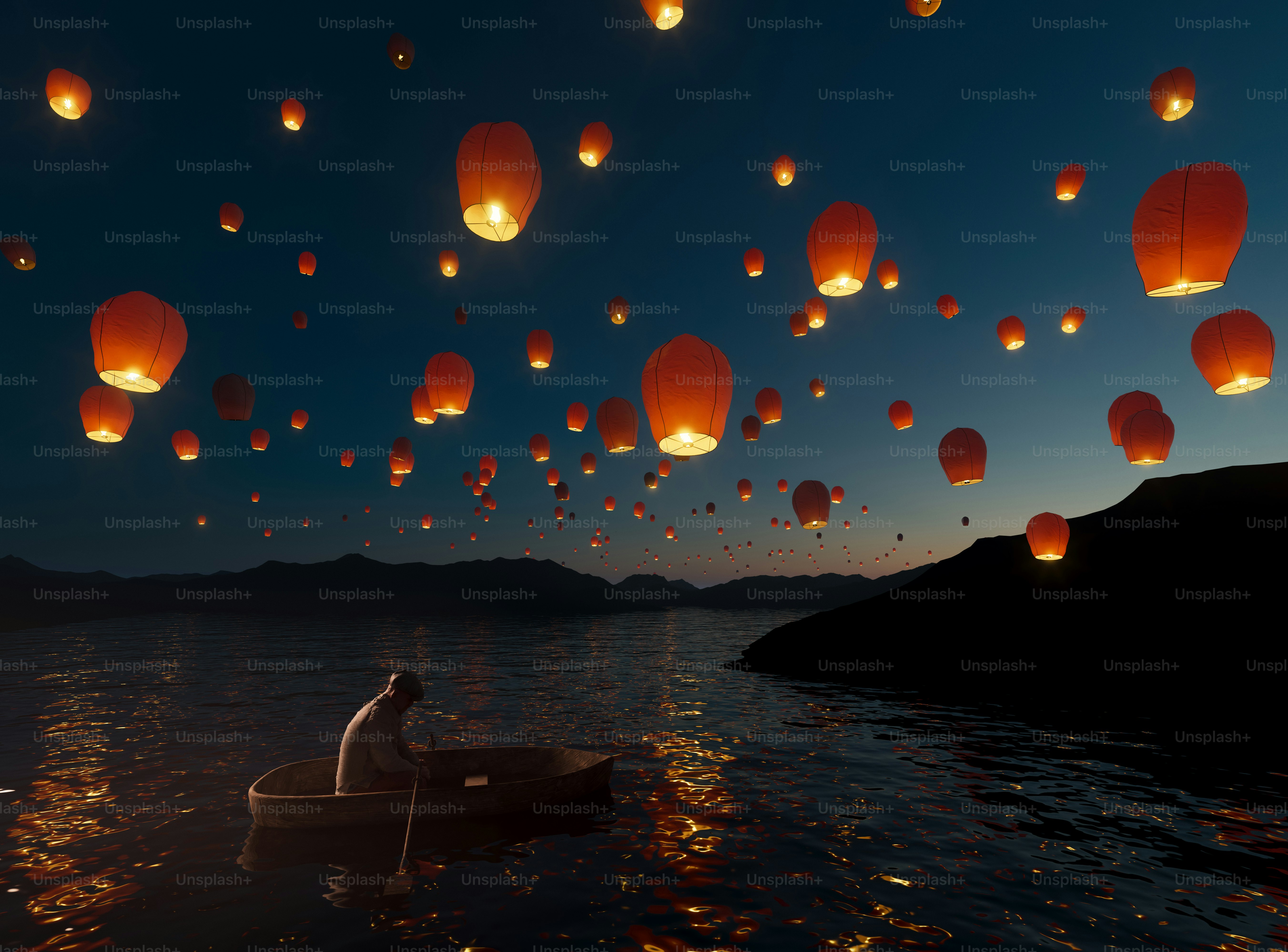 Laternen schweben in der Abenddämmerung über einem ruhigen See.