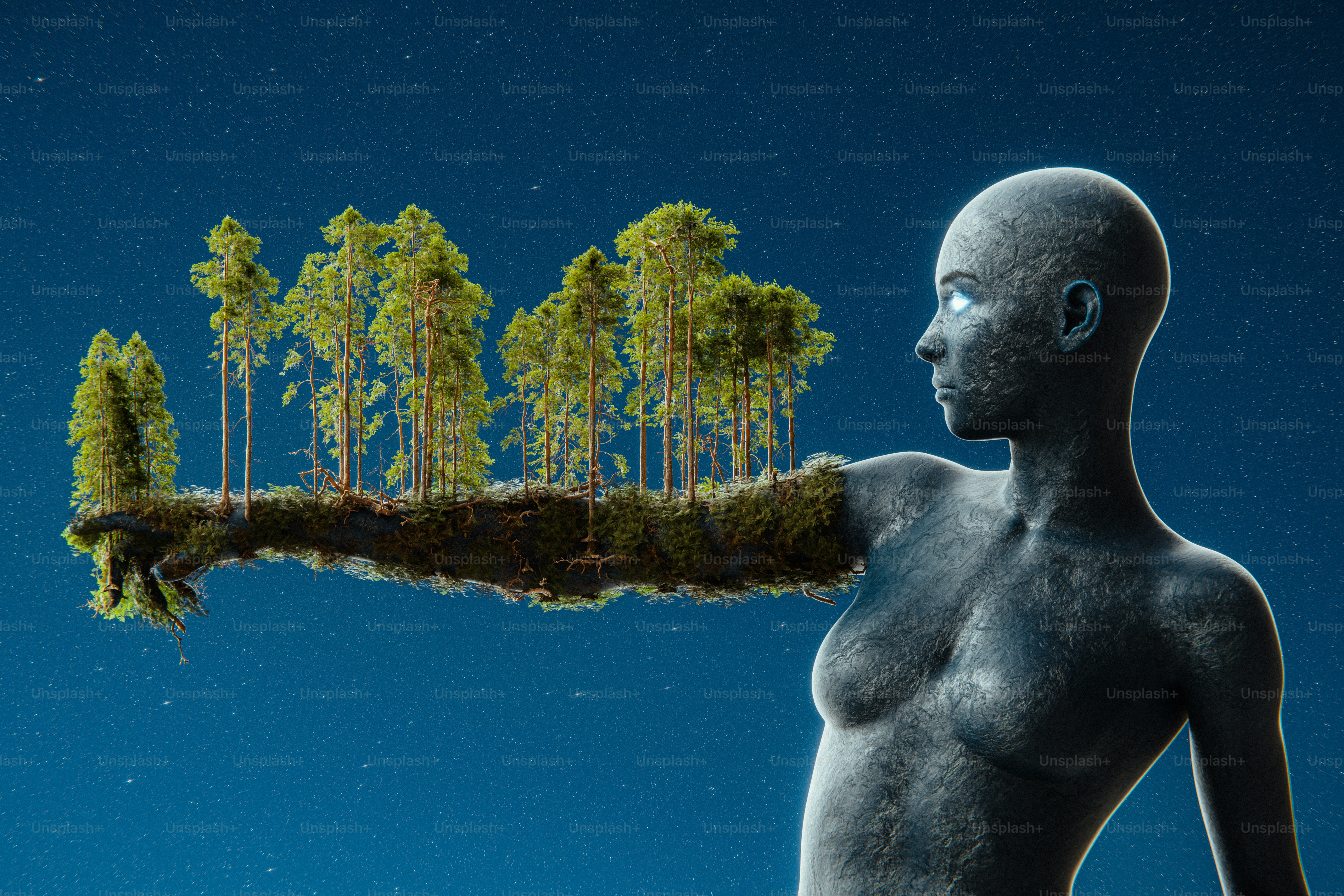 シュールな彫像は木々の浮いた島を抱えています。