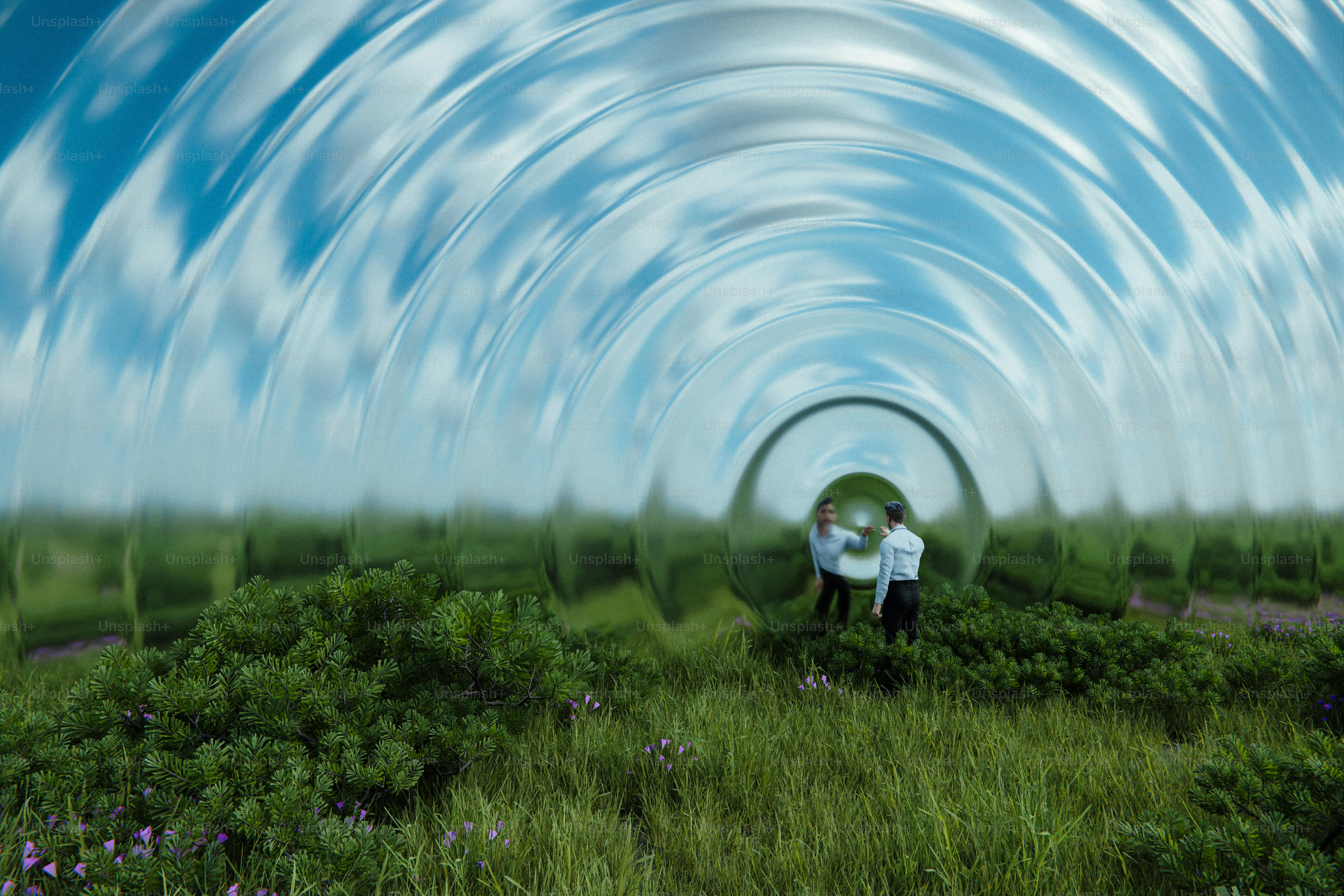 Due persone camminano in un paesaggio surreale e deformato