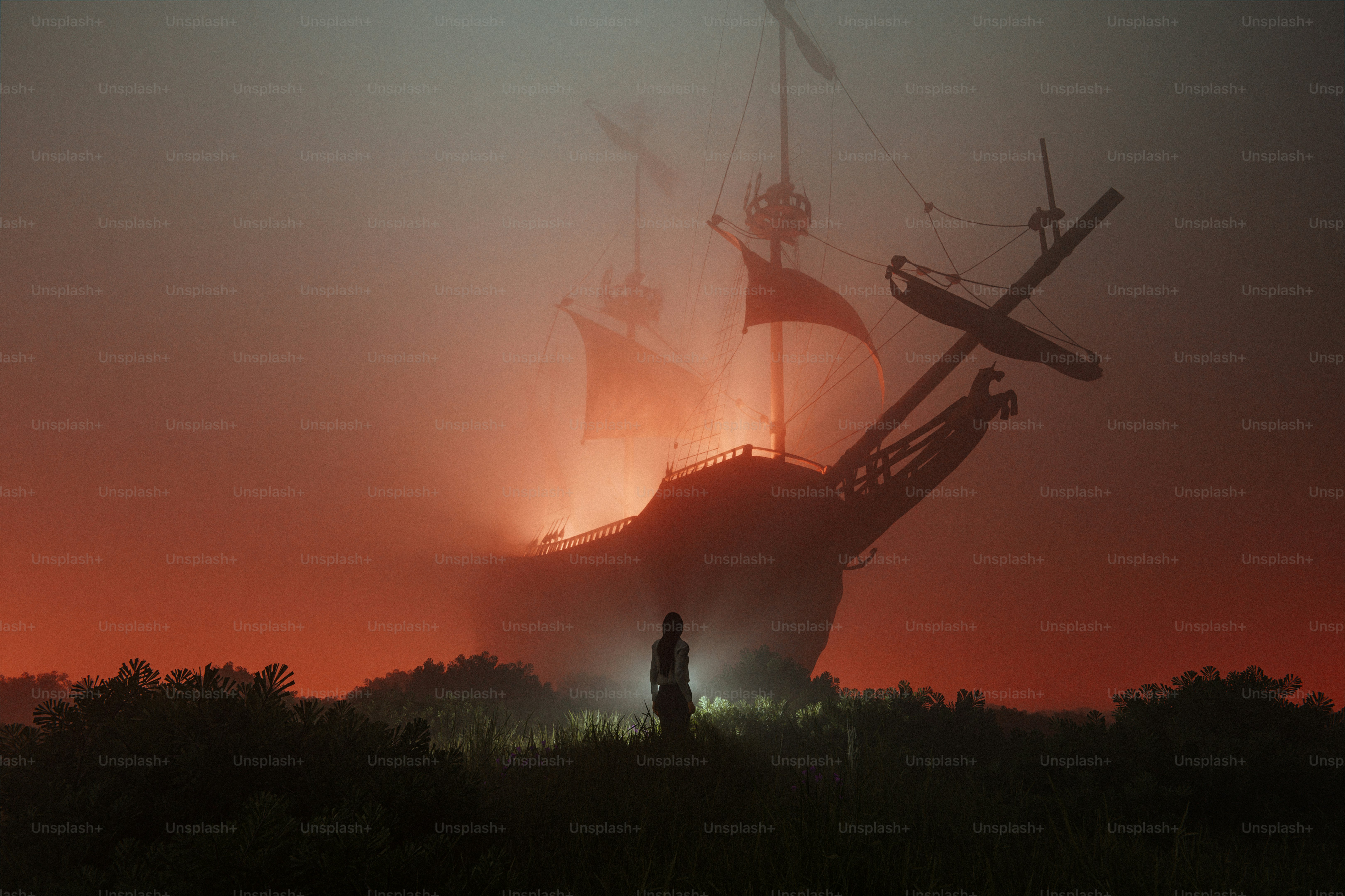 Silhouette di una persona di fronte a una nave fantasma nella nebbia