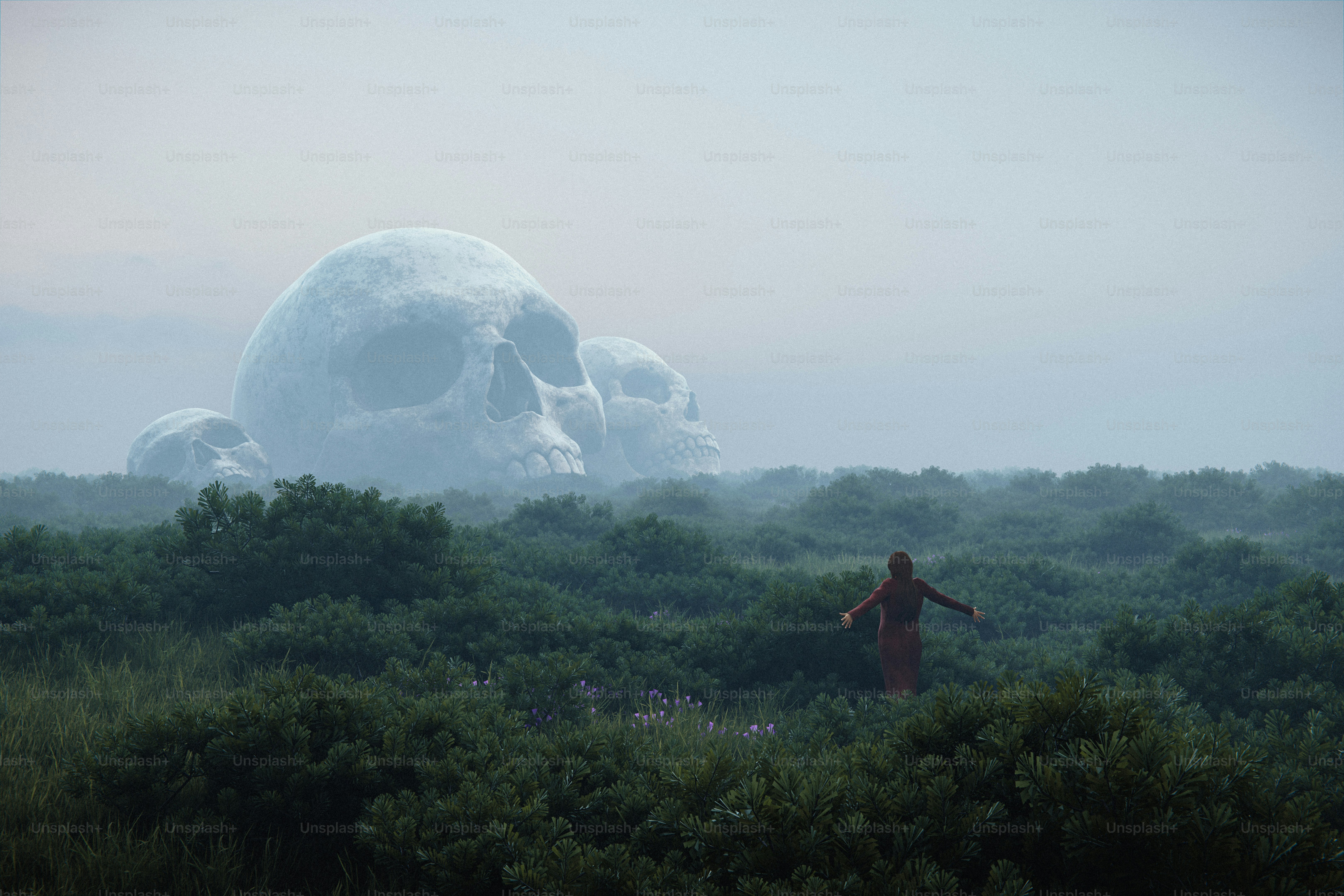 Una persona cammina attraverso un paesaggio nebbioso con teschi giganti.