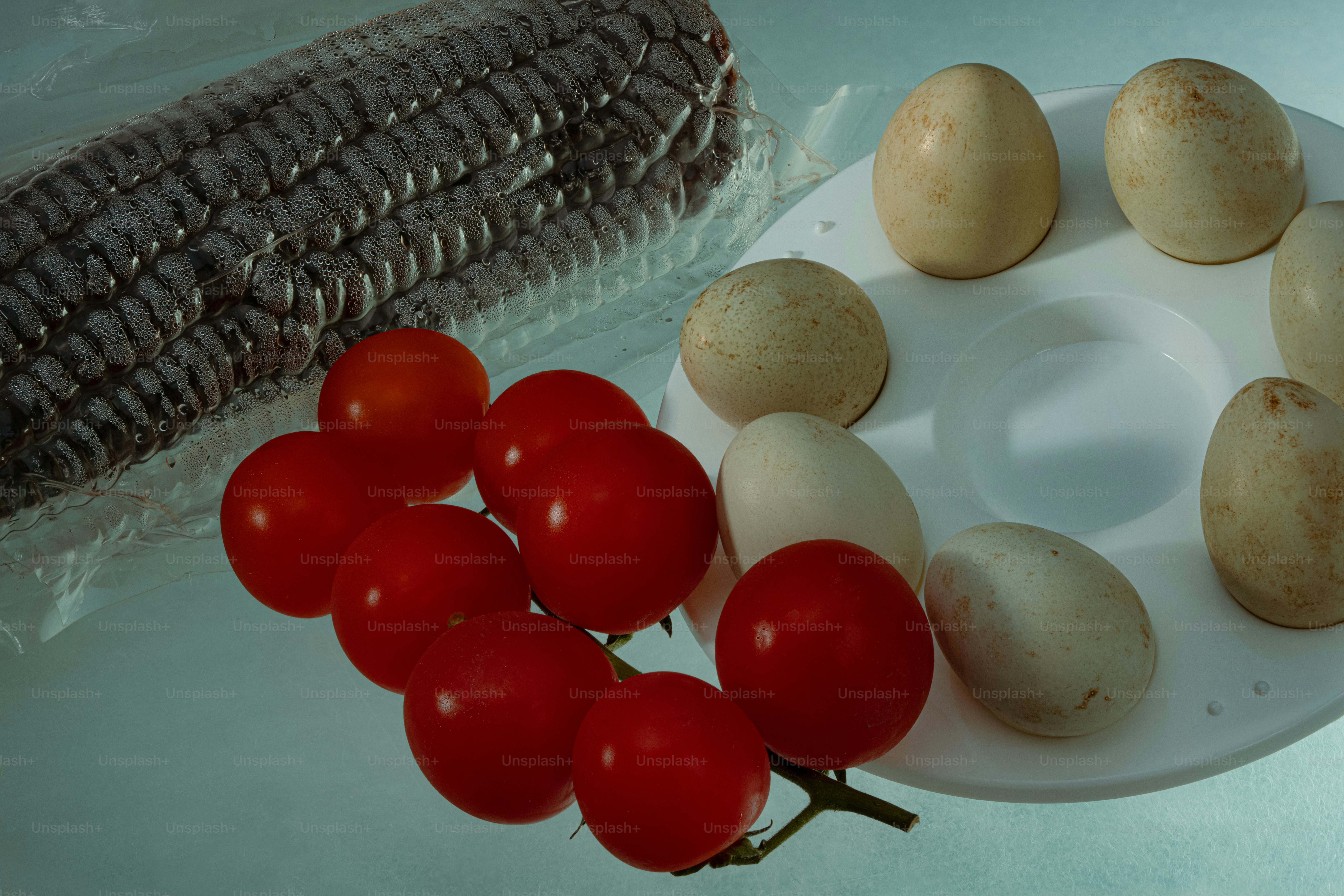 접시에 옥수수, 토마토, 계란이 담겨 있습니다.